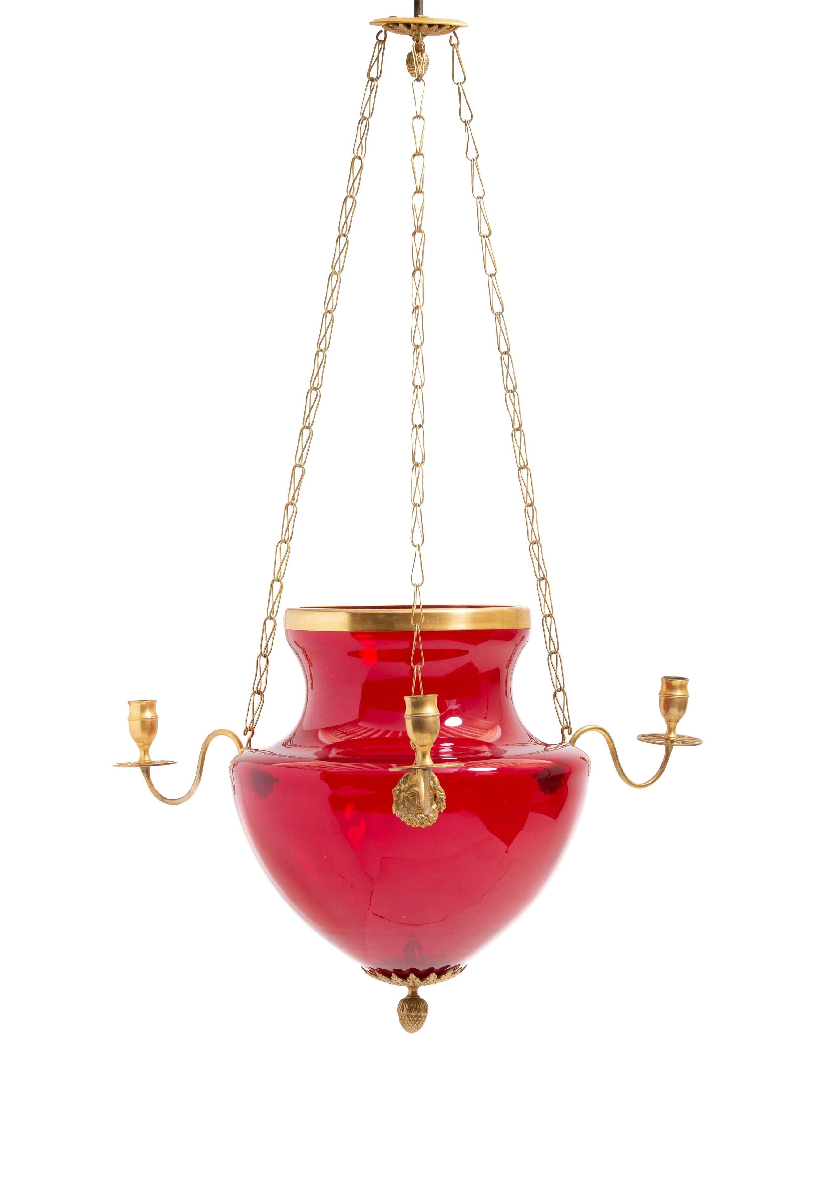 Period Swedish or Russian Cranberry Glass Neoclassical Chandelier In Good Condition In Essex, MA