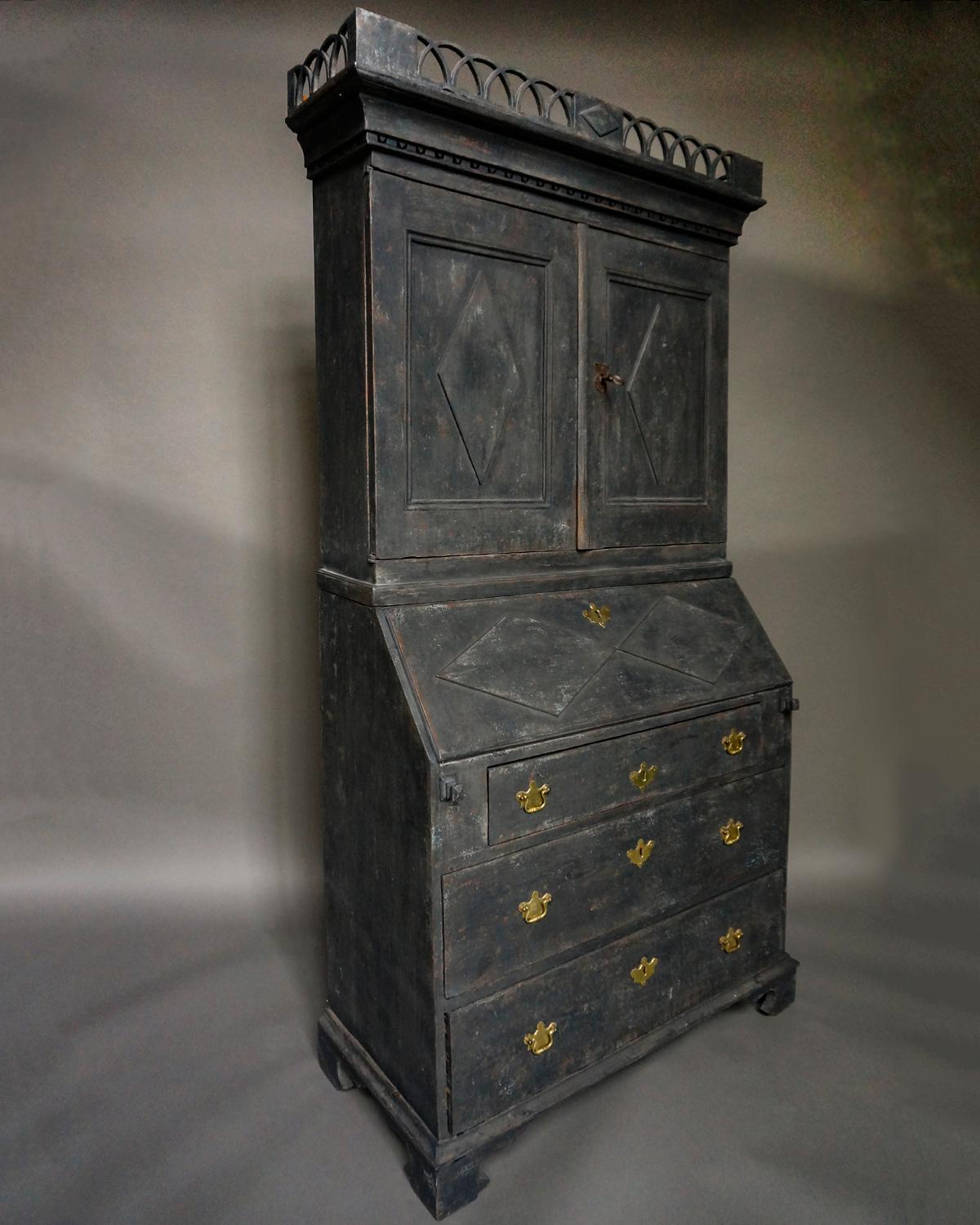 Painted Period Swedish Secretary with Pierced Cornice