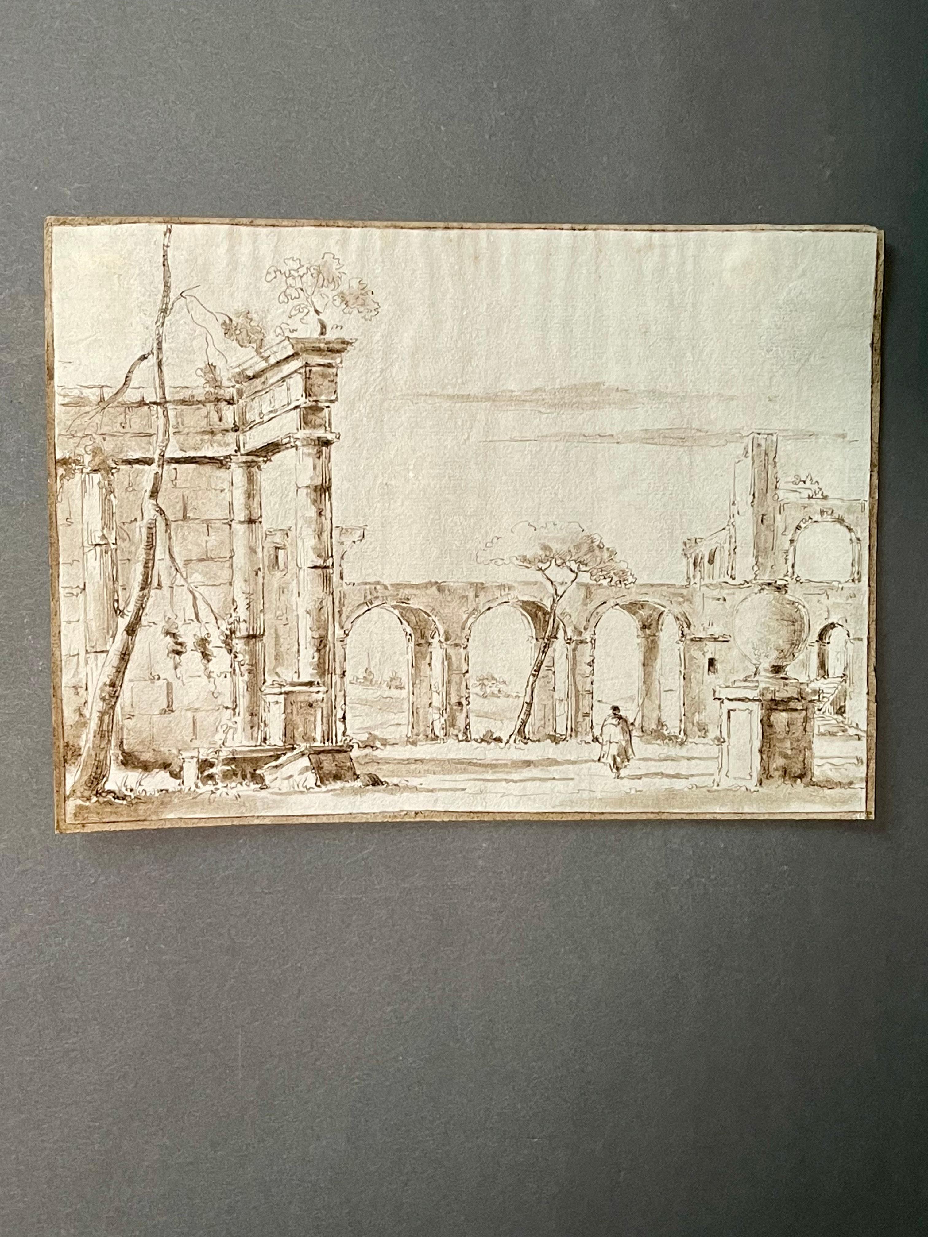 Wichtige Tuschezeichnung, die eine belebte Landschaft mit Ruinen und Aquädukt im Hintergrund darstellt
Venezianische Schule

Jedes Stück unserer Galerie wird auf Wunsch von einem Echtheitszertifikat begleitet, das von Sabrina Egidi, der offiziellen
