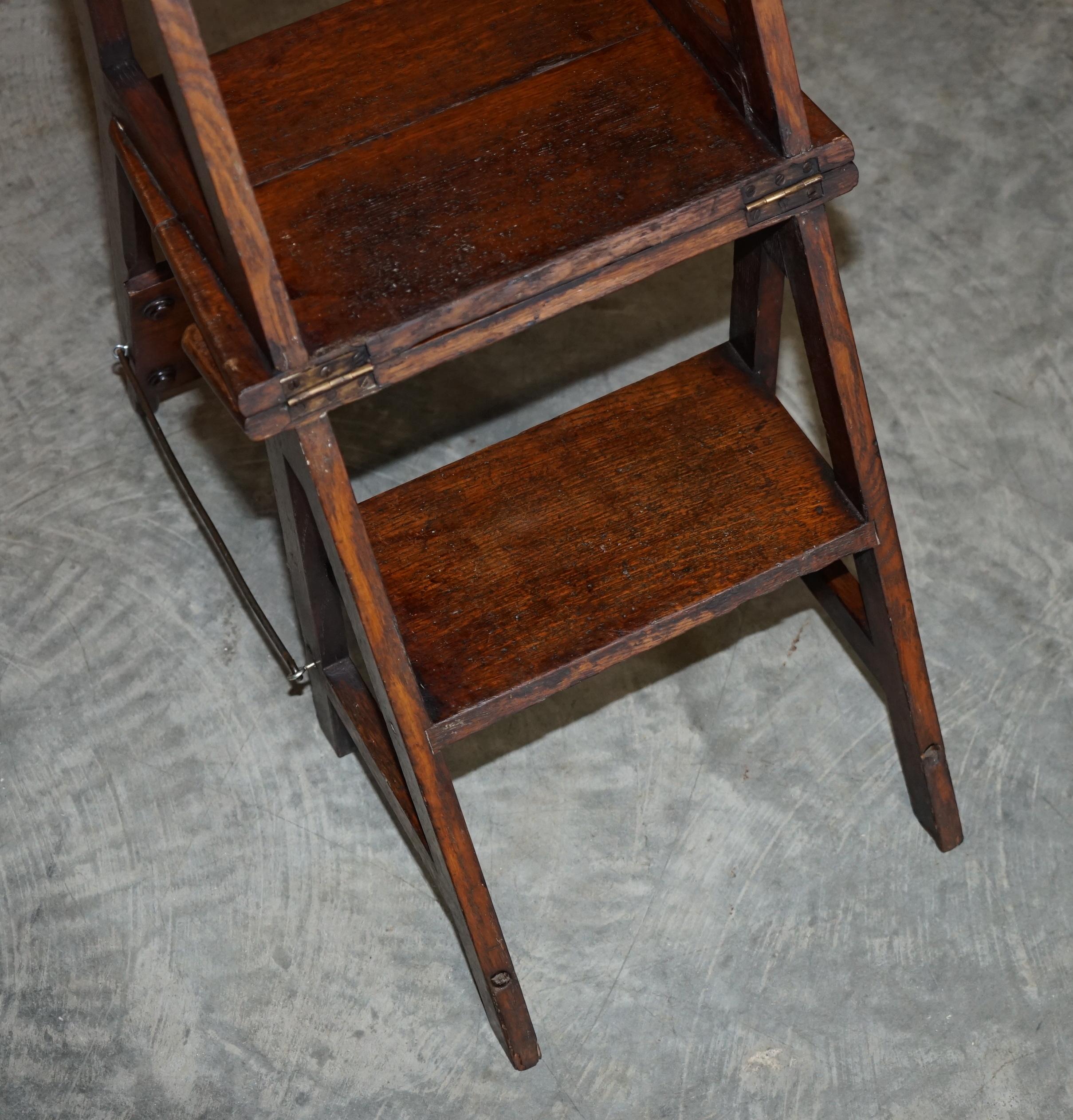 Period Victorian 1880 English Oak Library Bookcase Steps into Metamorphic Chair 9