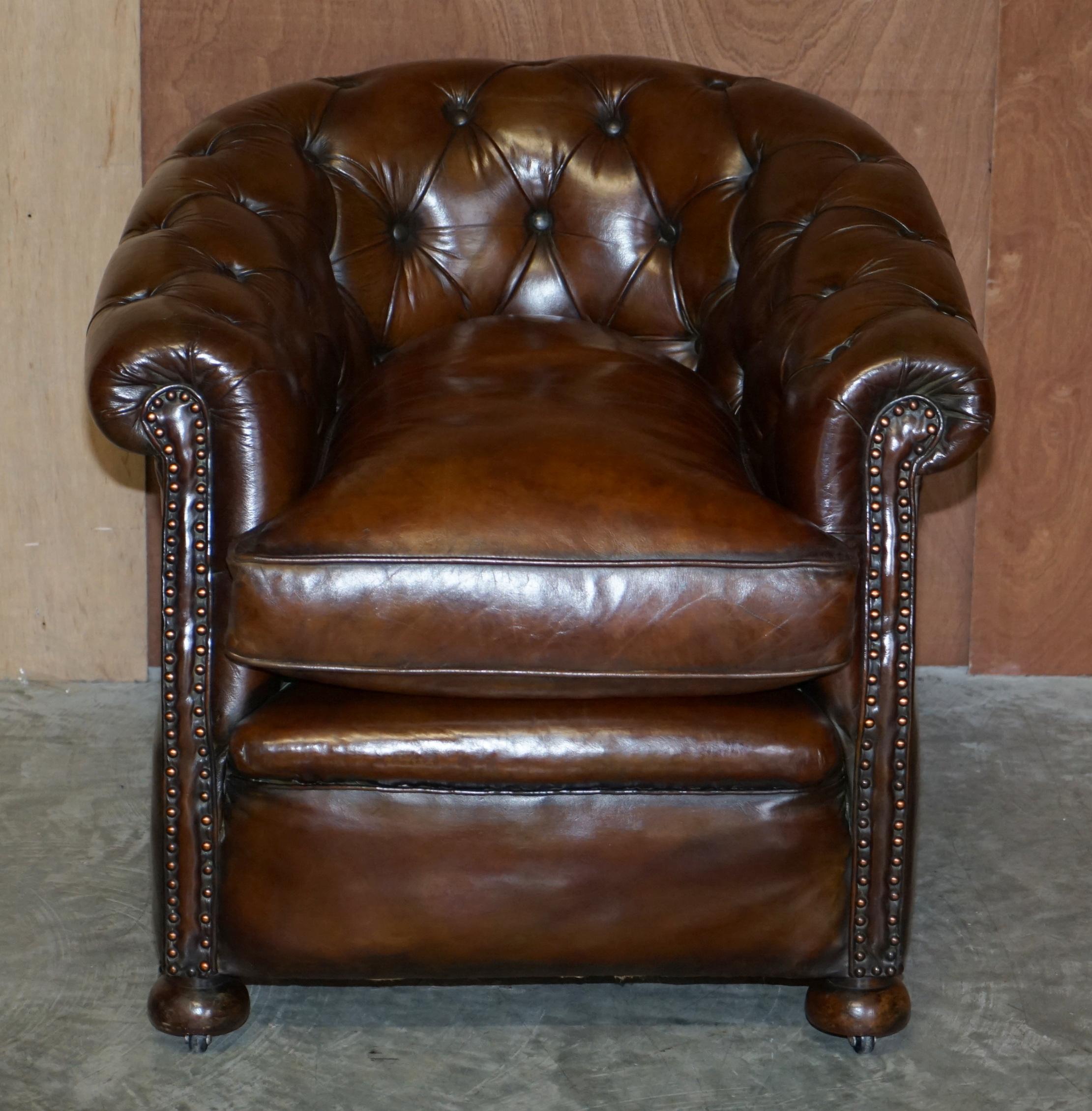 We are is delighted to offer for sale this stunning, fully restored late Victorian hand dyed whisky brown leather Chesterfield gentleman’s club armchair with new feather filled seat cushion 

A very good looking and exceptionally comfortable club