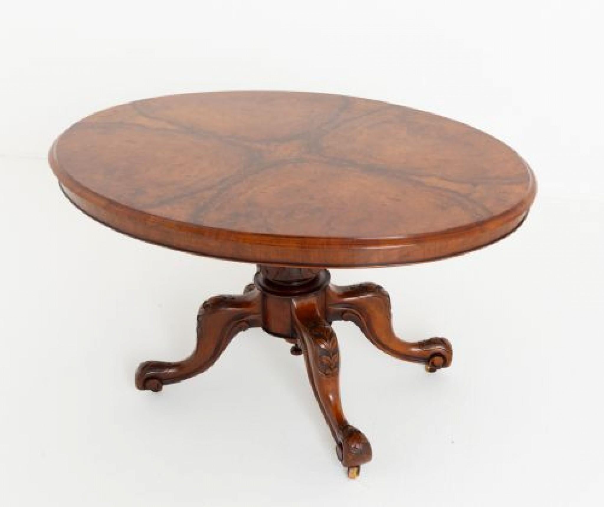 Victorian burr walnut loo table.
The top of the table featuring wonder quartered burr walnut veneers.
Circa 1860
The base of the table having a turned and shaped column with swept and carved legs.
Will ship to anywhere in the world - please get in