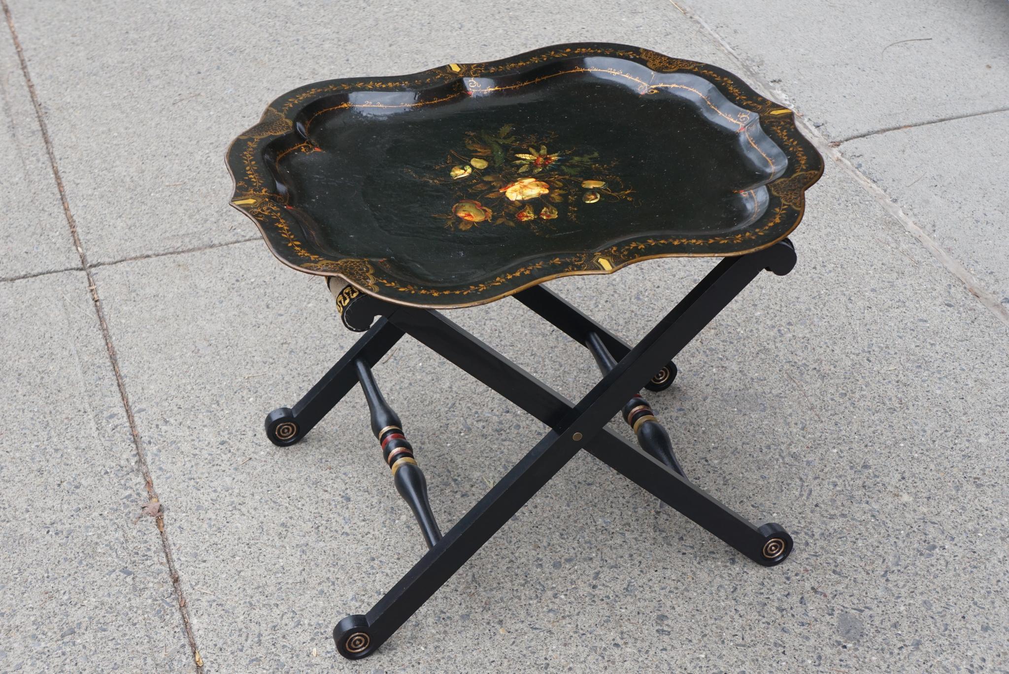 Period Victorian Pontypool Tole Tray on Later Stand In Good Condition For Sale In Hudson, NY