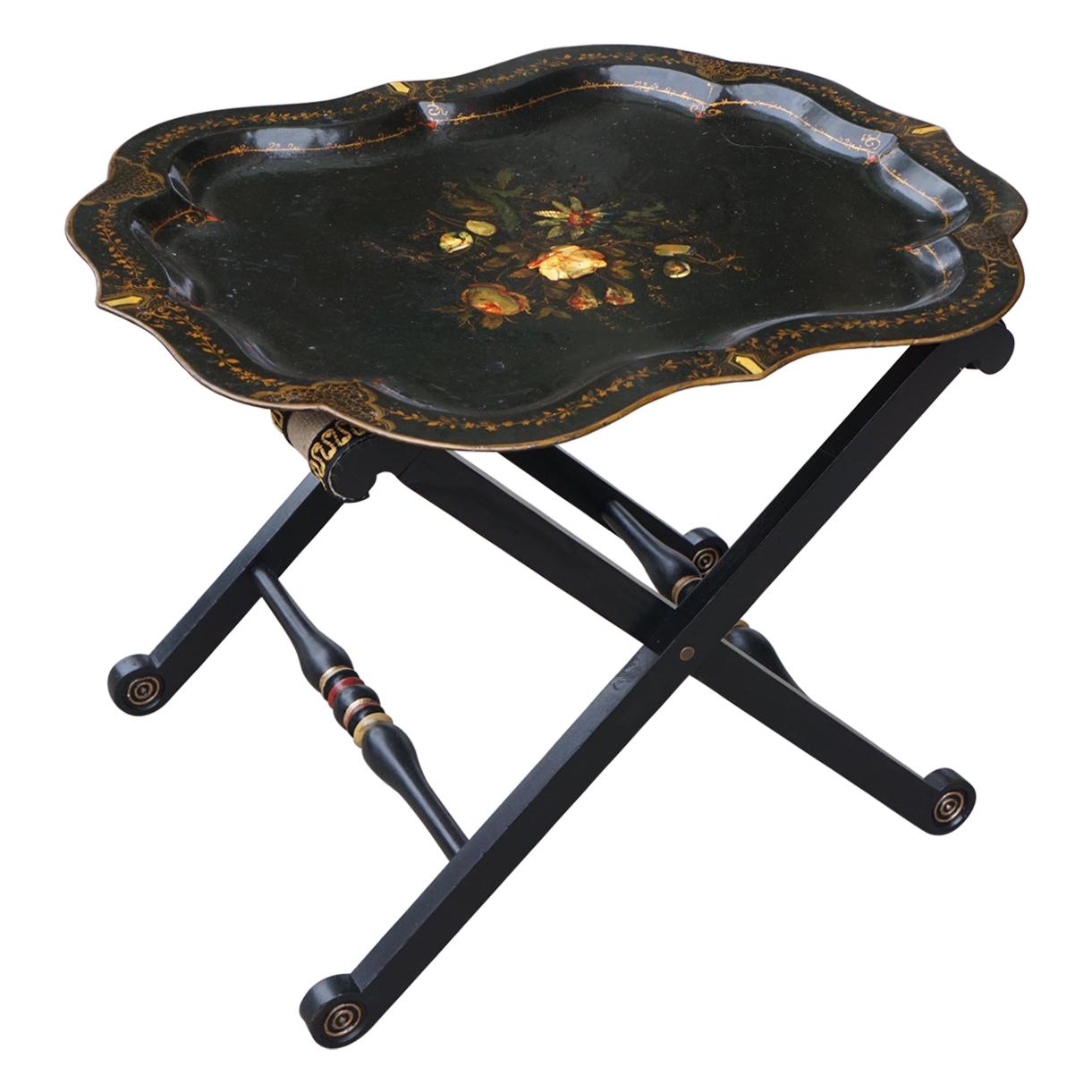 Period Victorian Pontypool Tole Tray on Later Stand