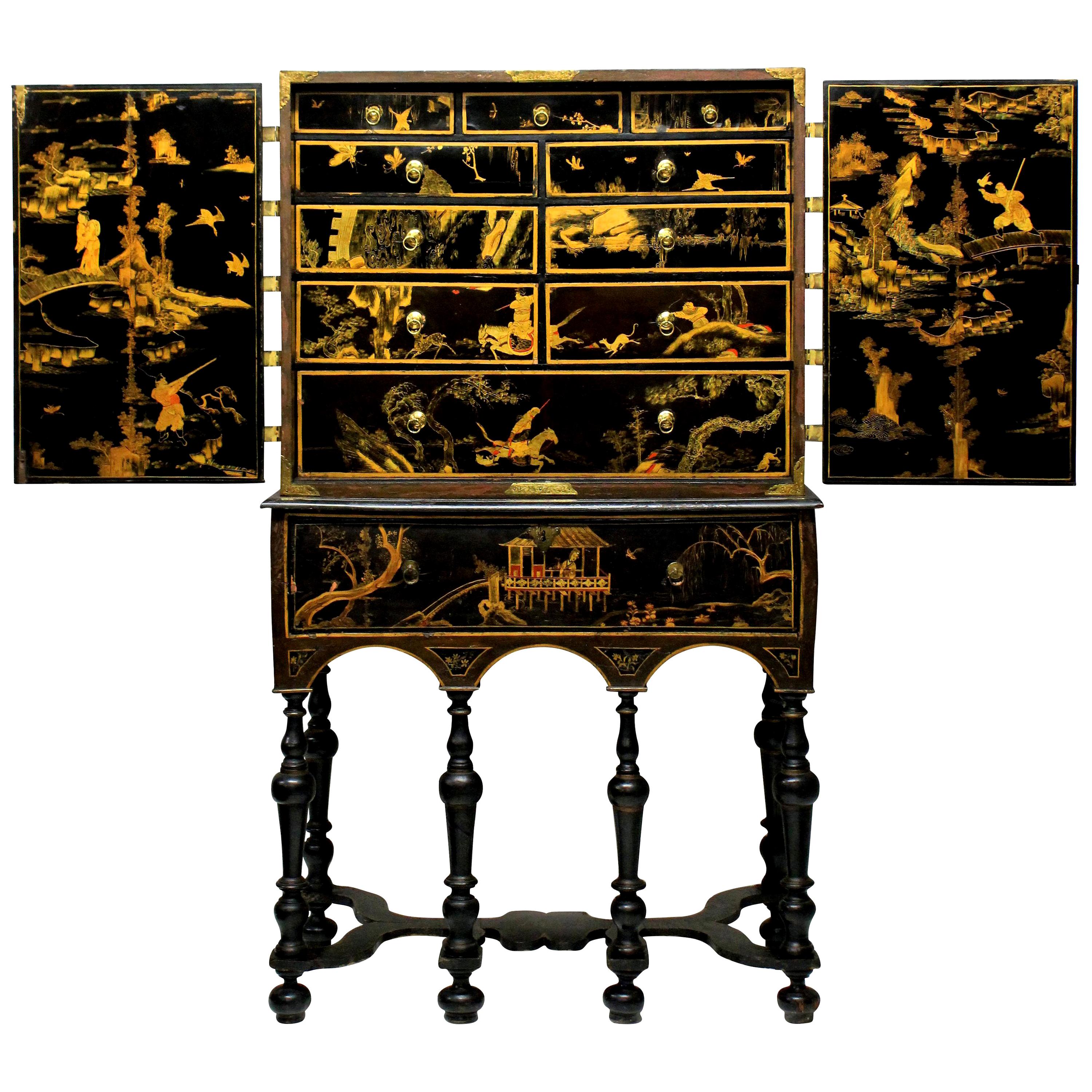 Period William & Mary Black and Gilt Japanned Cabinet on Stand