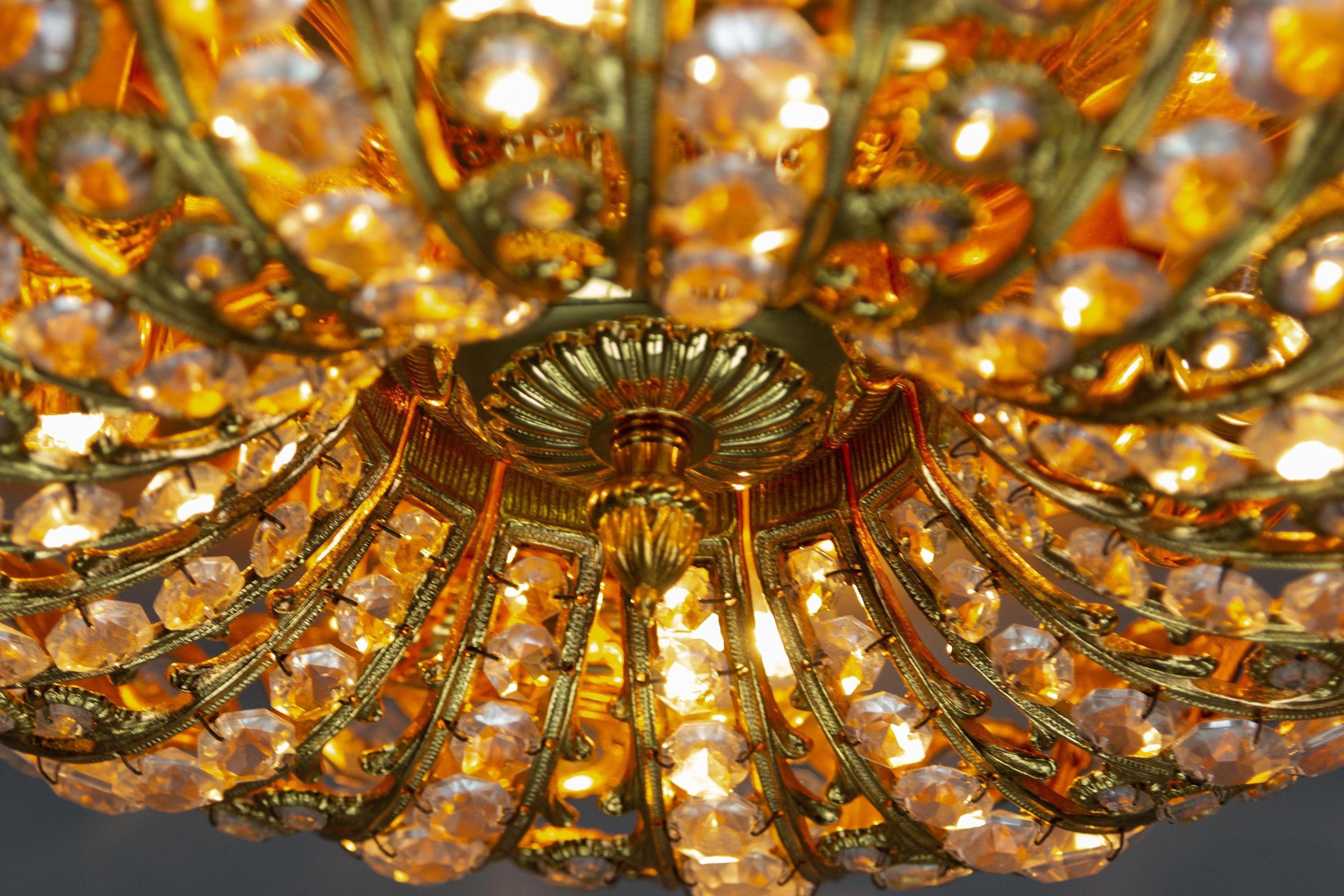 Hollywood Regency Peris Andreu Crystal Glass and Gold-Tone Metal Flush Mount or Wall Lamp, 1970s