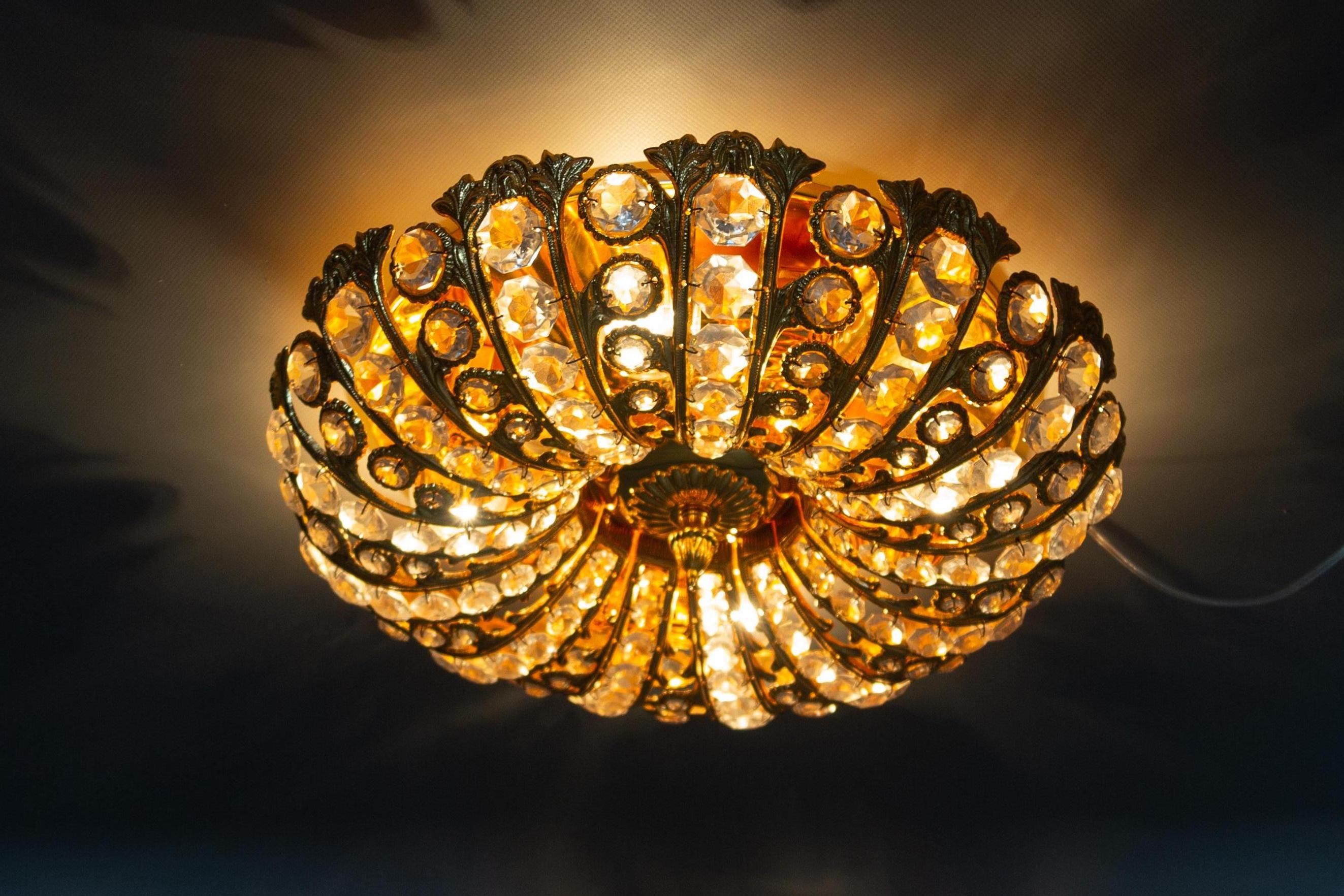 Spanish Peris Andreu Crystal Glass and Gold-Tone Metal Flush Mount or Wall Lamp, 1970s