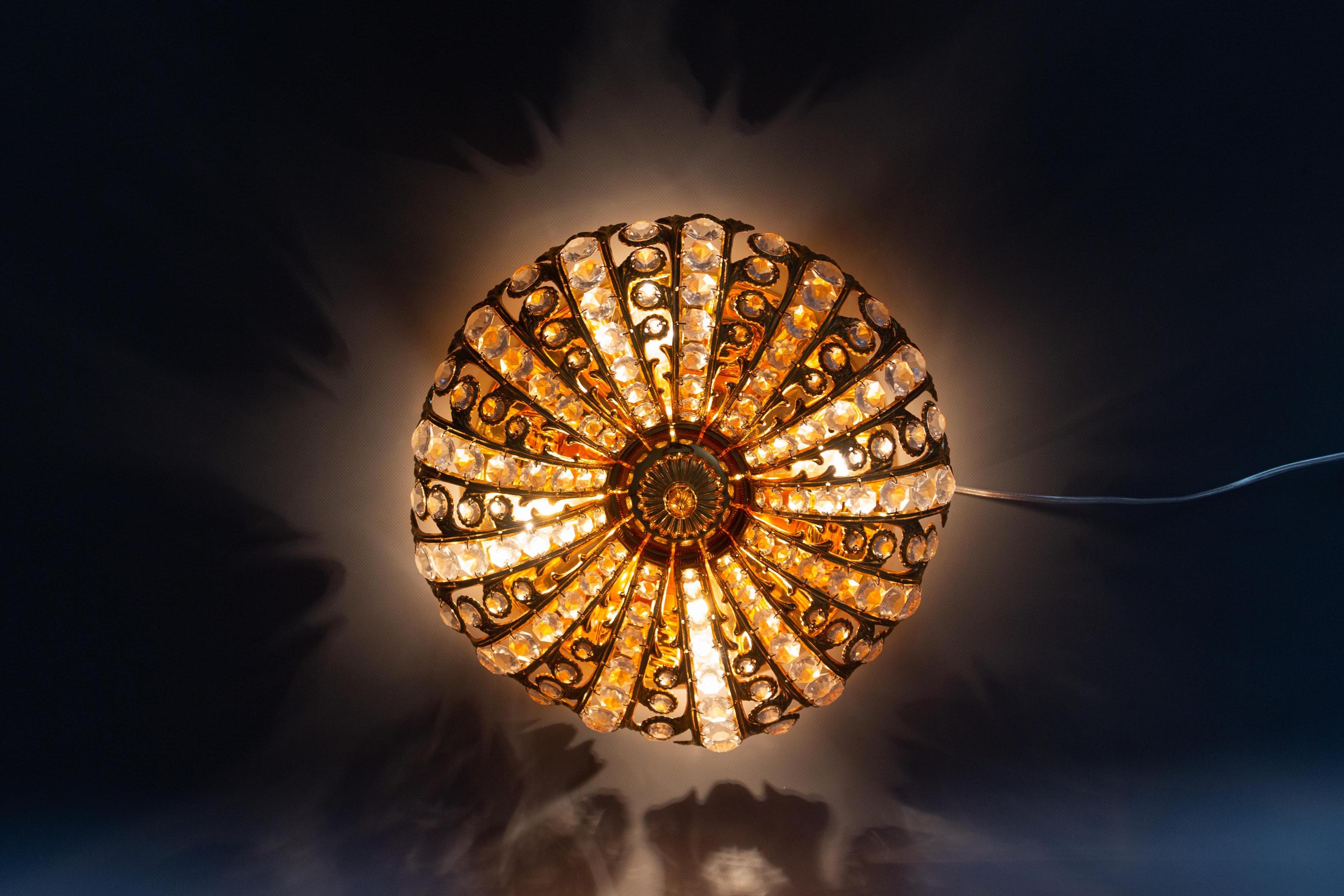 Peris Andreu Crystal Glass and Gold-Tone Metal Flush Mount or Wall Lamp, 1970s In Good Condition In Barntrup, DE