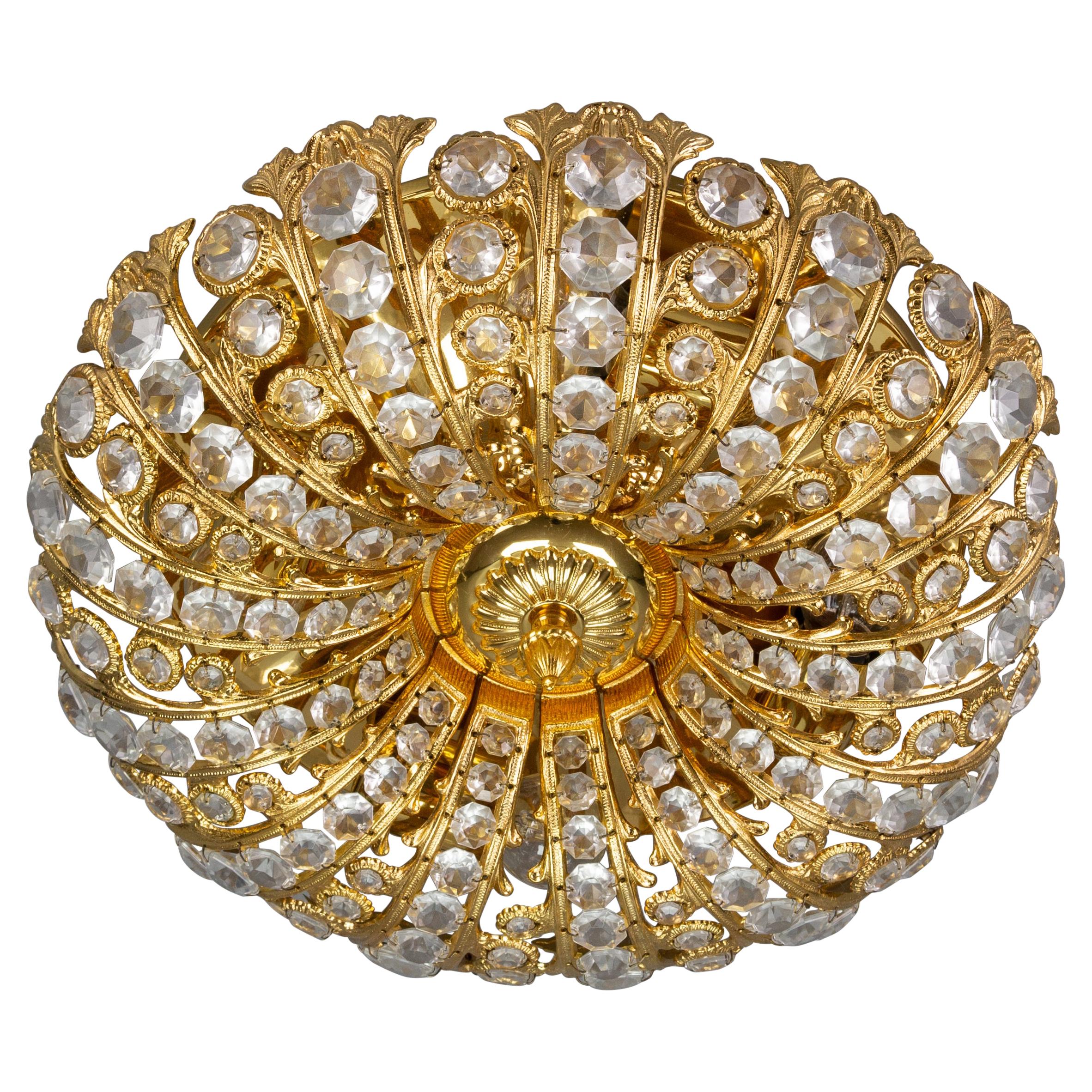 Peris Andreu Crystal Glass and Gold-Tone Metal Flush Mount or Wall Lamp, 1970s