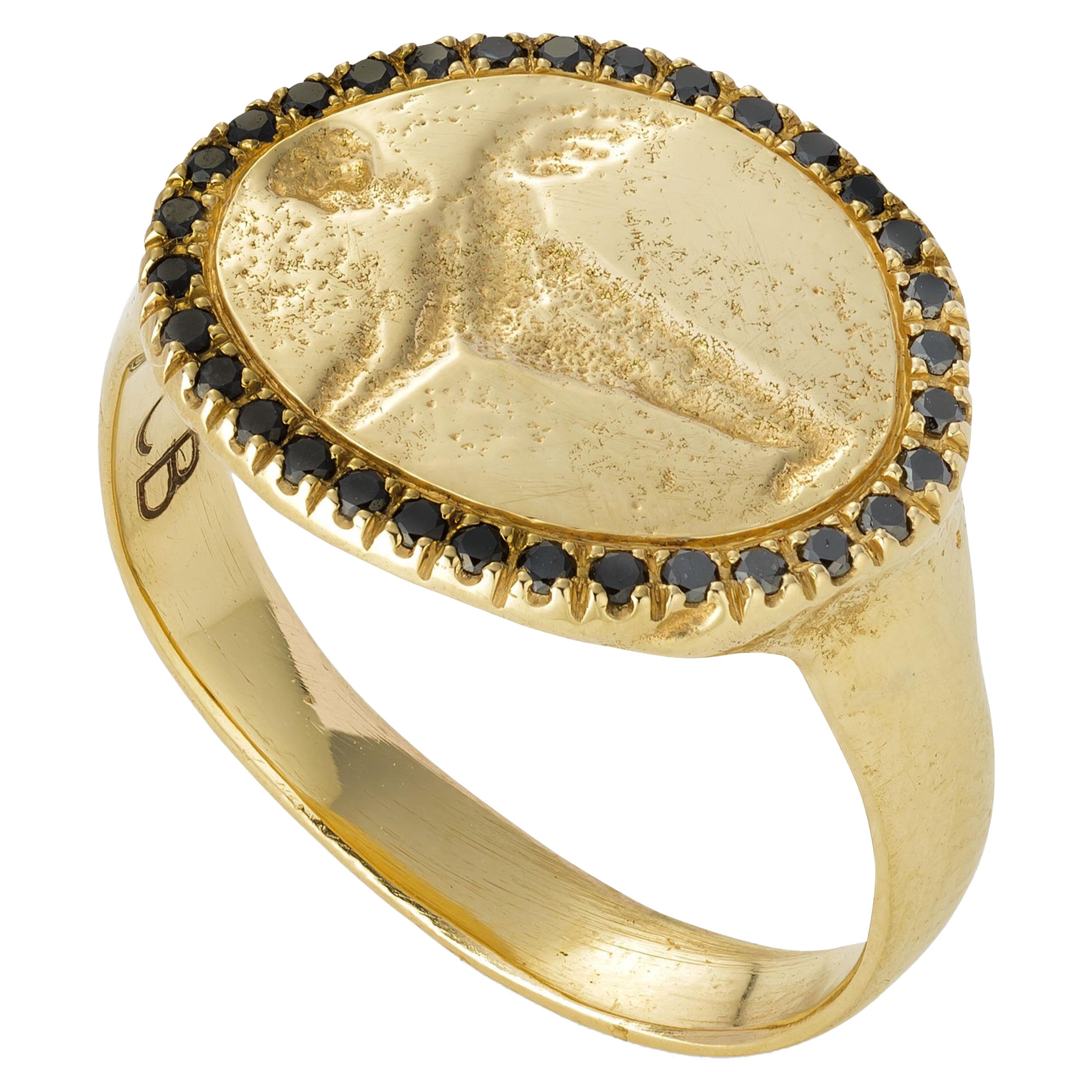 Peristera Ring with Black Diamond, 18 Karat Yellow Gold For Sale
