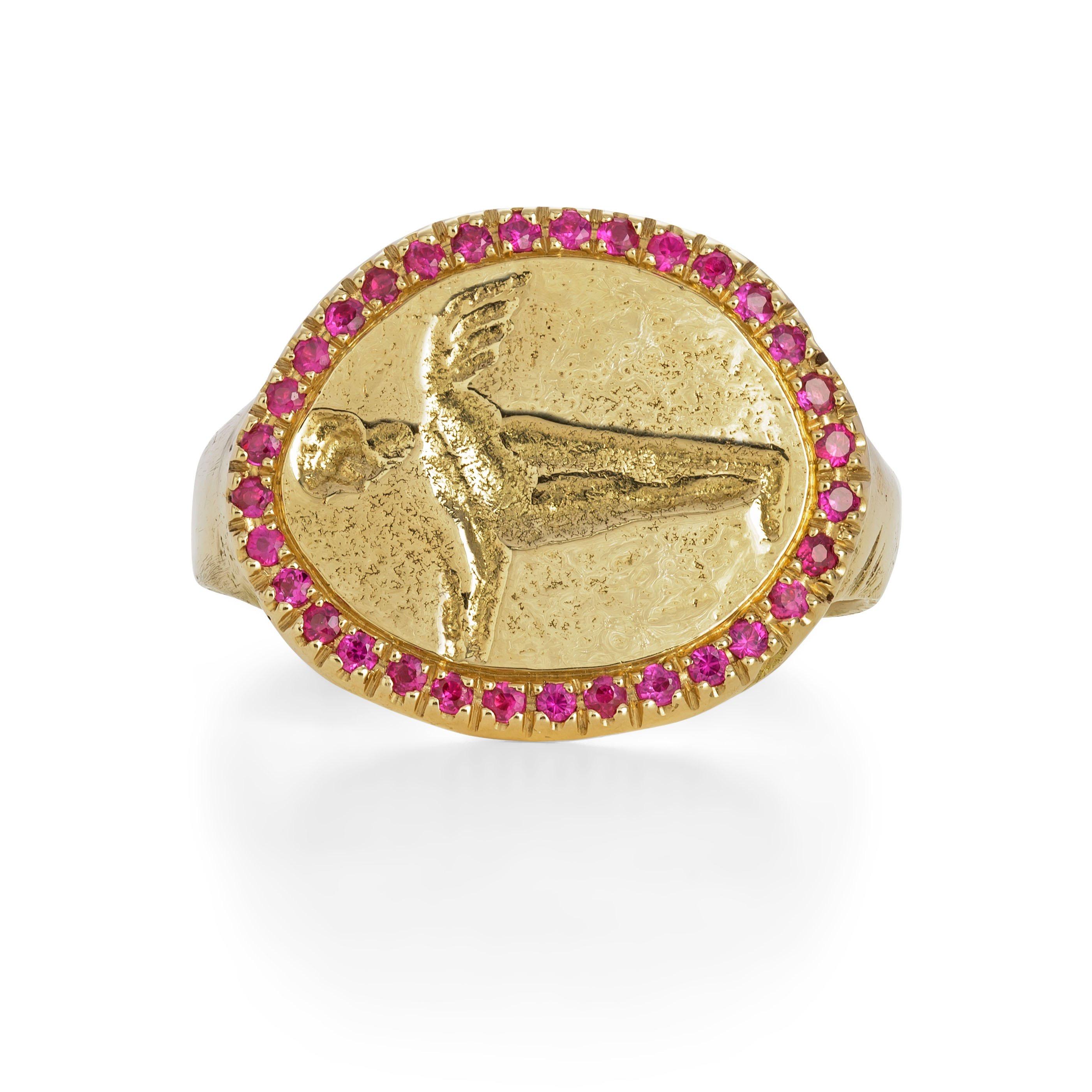 Peristera Ring with Ruby, 18 Karat Yellow Gold
Handcrafted and individually cast in solid yellow gold. Handcrafted and individually cast in solid yellow gold.
The Ancient Greek word for dove is peristerá and this bird has a symbolic history which