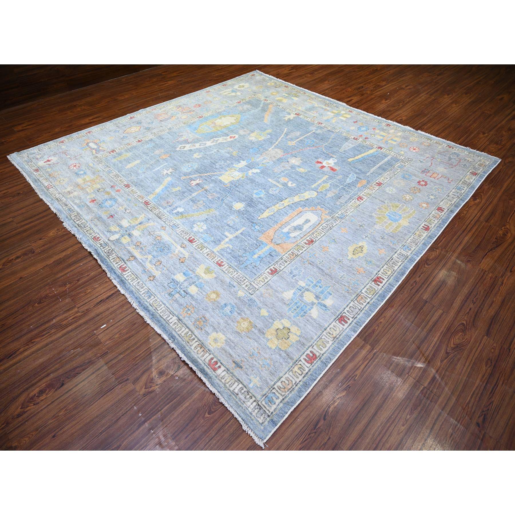Hand-Knotted Periwinkle Blue Hand Knotted Afghan Angora Oushak Wool Square Rug 9'10
