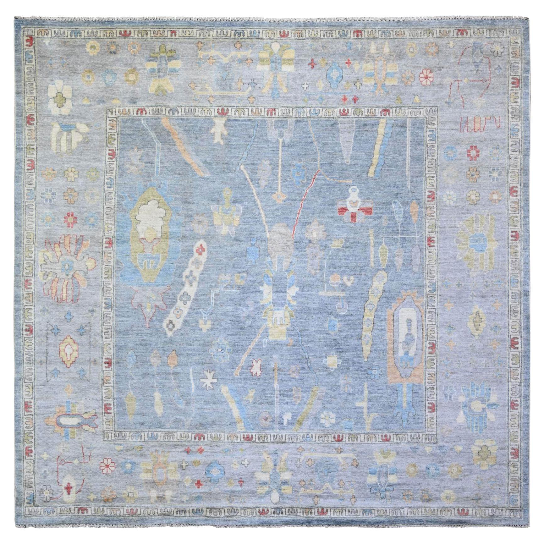 Periwinkle Blue Hand Knotted Afghan Angora Oushak Wool Square Rug 9'10" x 9'7"