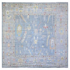 Periwinkle Blue Hand Knotted Afghan Angora Oushak Wool Square Rug 9'10" x 9'7"