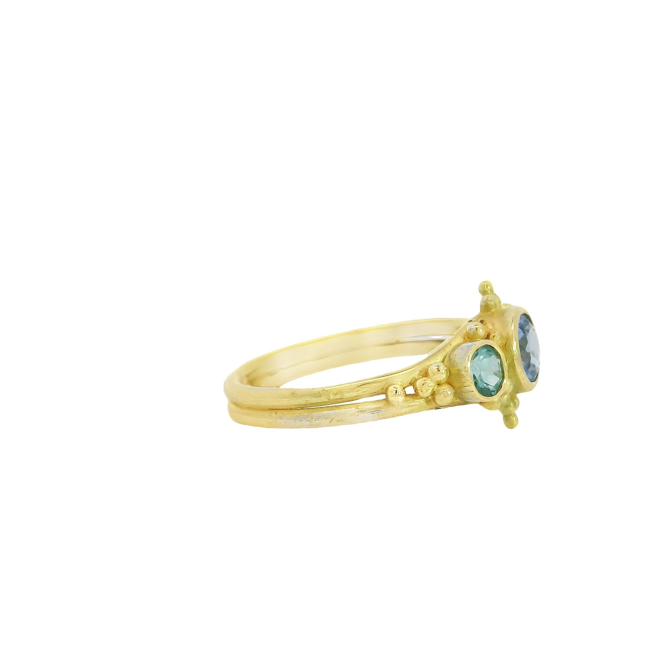 Artisan Periwinkle Sapphire Blue Green Tourmaline 18K Gold Handmade Cocktail Ring For Sale