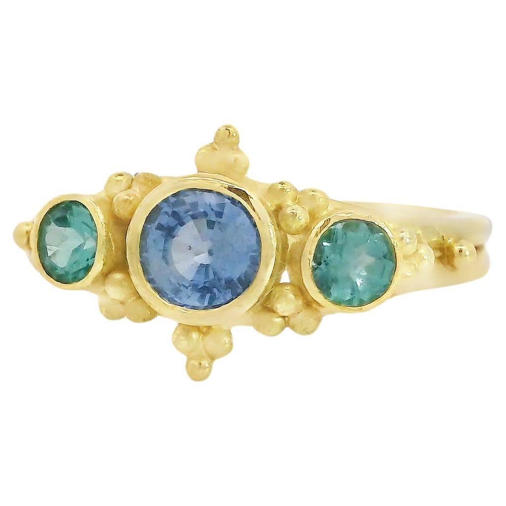 Periwinkle Sapphire Blue Green Tourmaline 18K Gold Handmade Cocktail Ring For Sale