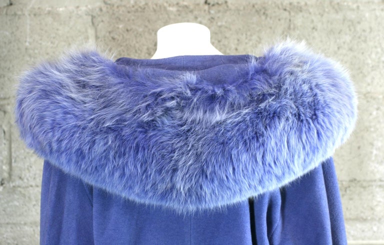 Periwinkle Wool/Cashmere and Fox Wrap Coat In Excellent Condition For Sale In New York, NY