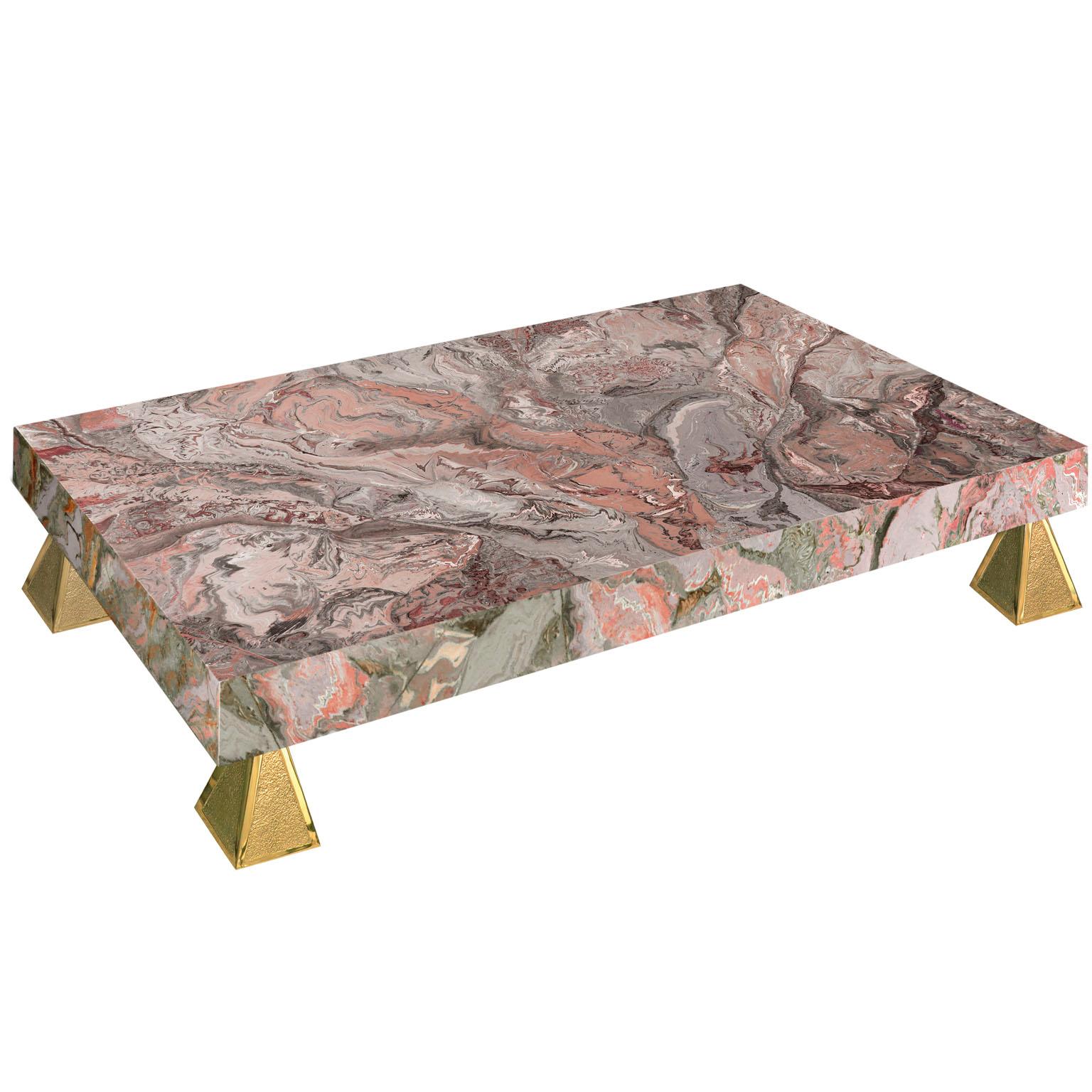 Pink grey Coffee Table Marbled Scagliola art Handmade  Casted Brass Feet