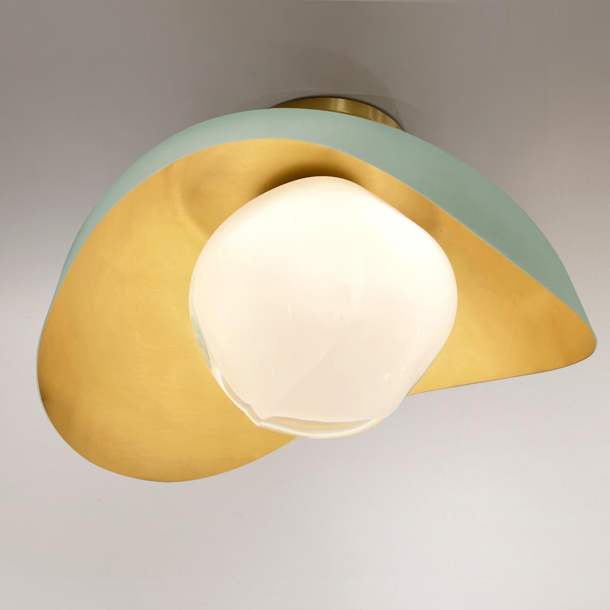 Italian Perla Flushmount Ceiling Light by Gaspare Asaro-Satin Brass/Acqua Finish For Sale