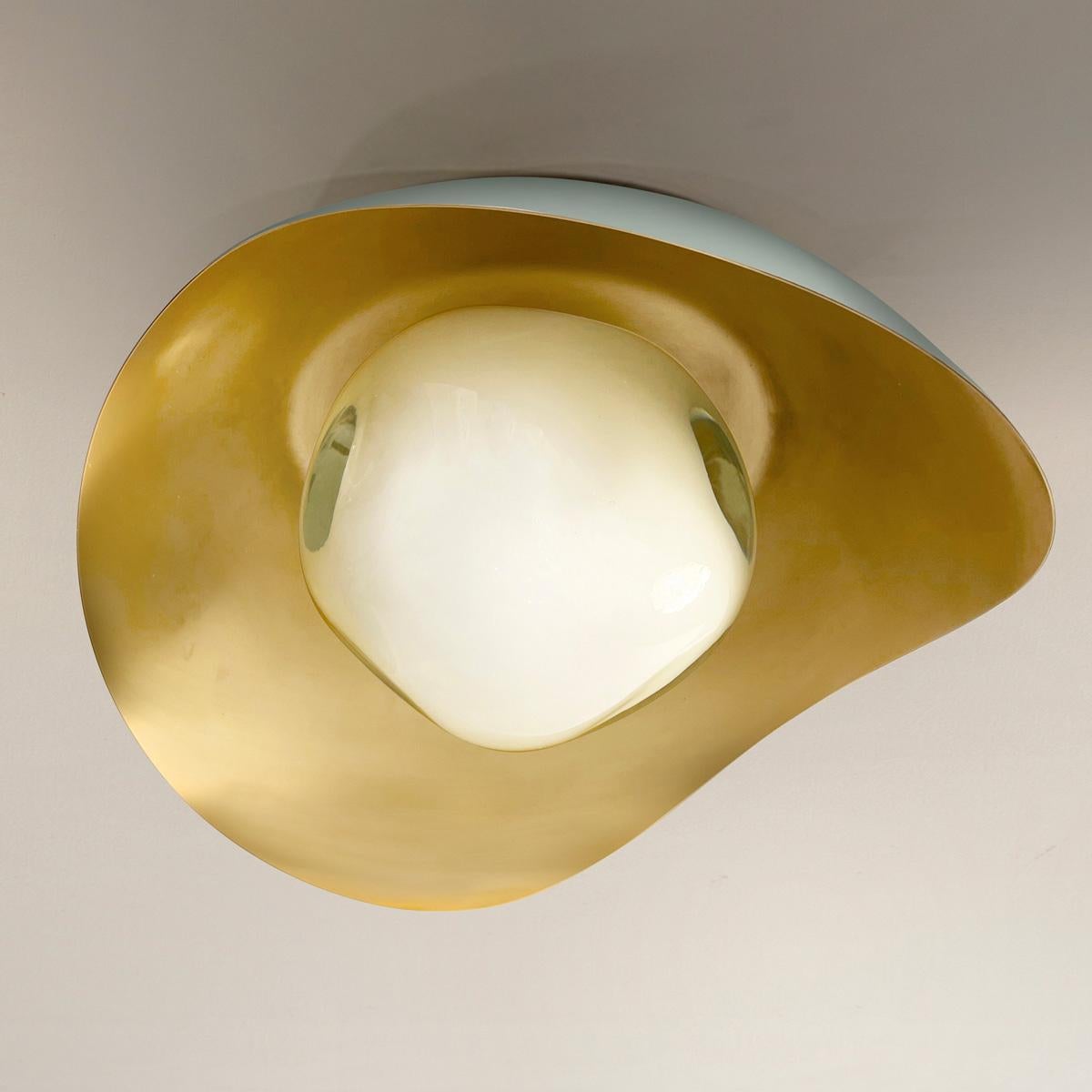 Perla Flushmount Ceiling Light by Gaspare Asaro-Satin Brass/Acqua Finish In New Condition For Sale In New York, NY