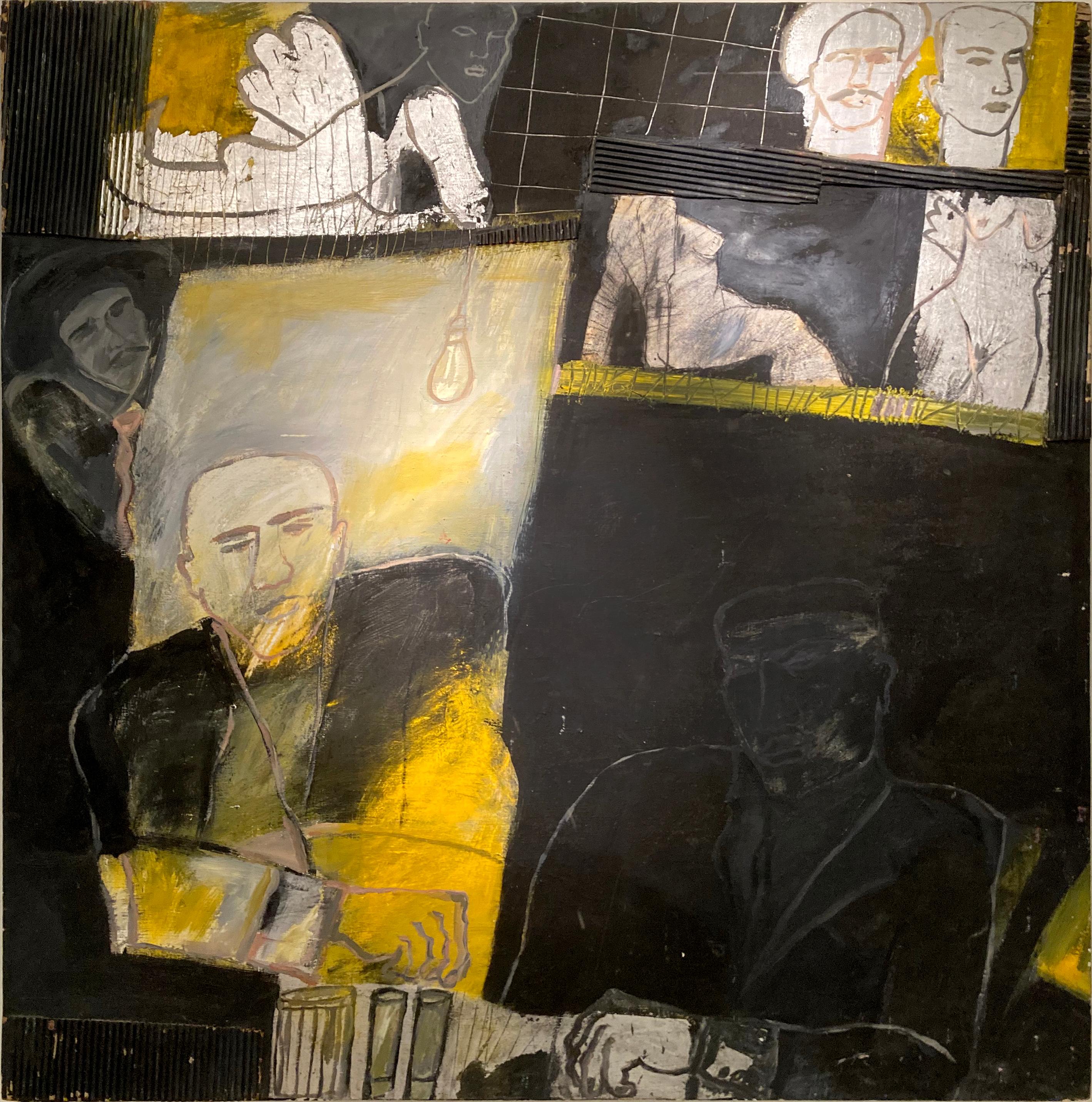 Questo dipinto astratto a tecnica mista e olio su tavola di Perla Krauze, di 48" x 48", presenta figure maschili e femminili in pose e sguardi intriganti, bloccate e separate da forme geometriche in argento metallico, oro e nero.  
Perla Krauze