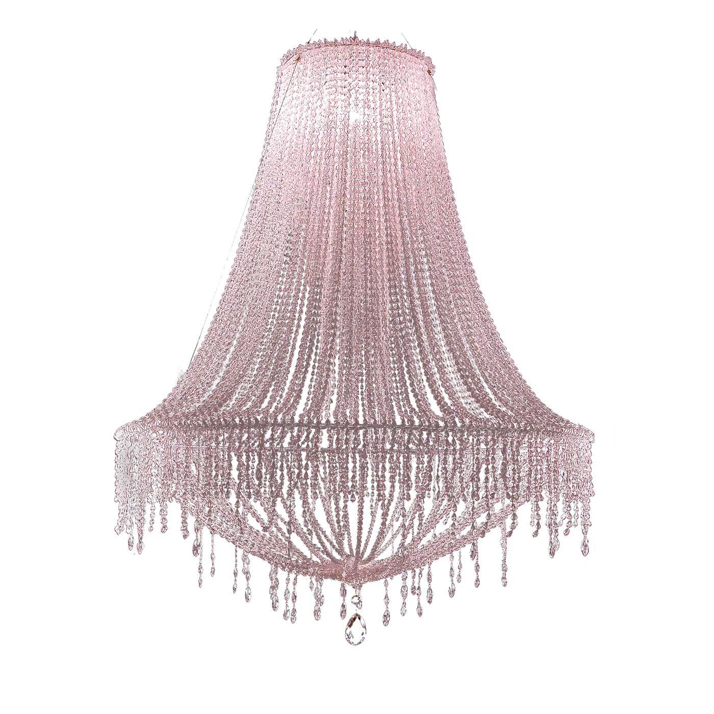 Boasting an opulent, flared silhouette composed of charming strands of acrylic beads and prized crystals, this splendid pendant lamp is meticulously handcrafted. The lamp's warm light reflects on all these elements producing a stunning visual
