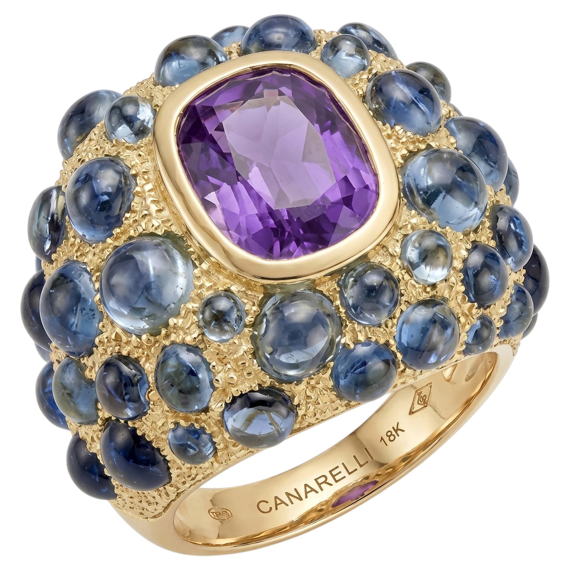For Sale:  Perle de Pluie Amethyst Ring in 18k Gold and Blue Topaz by MARIANNE CANARELLI