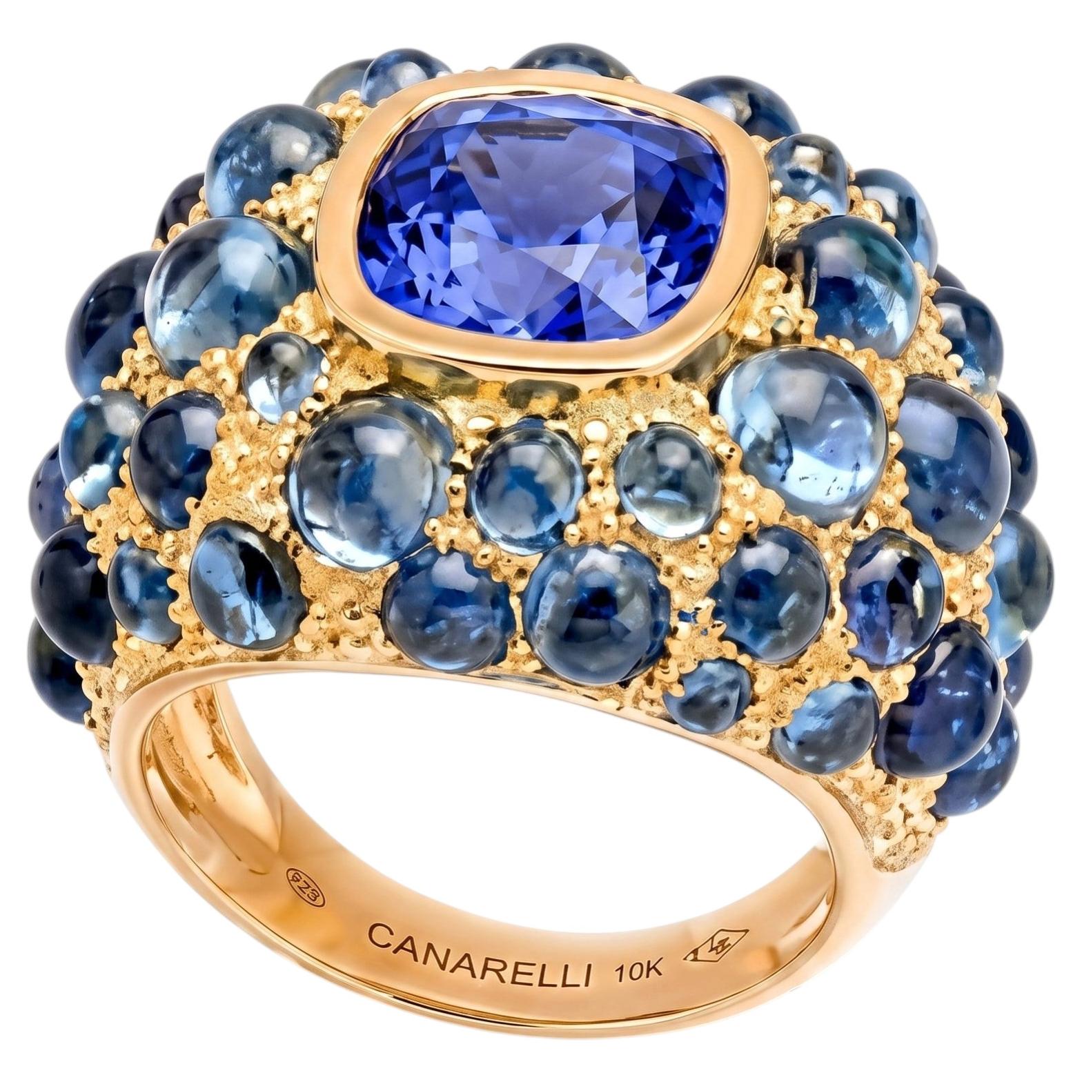 For Sale:  Perle de Pluie Tanzanite Ring in 18k Gold and Blue Topazes by MARIANNE CANARELLI