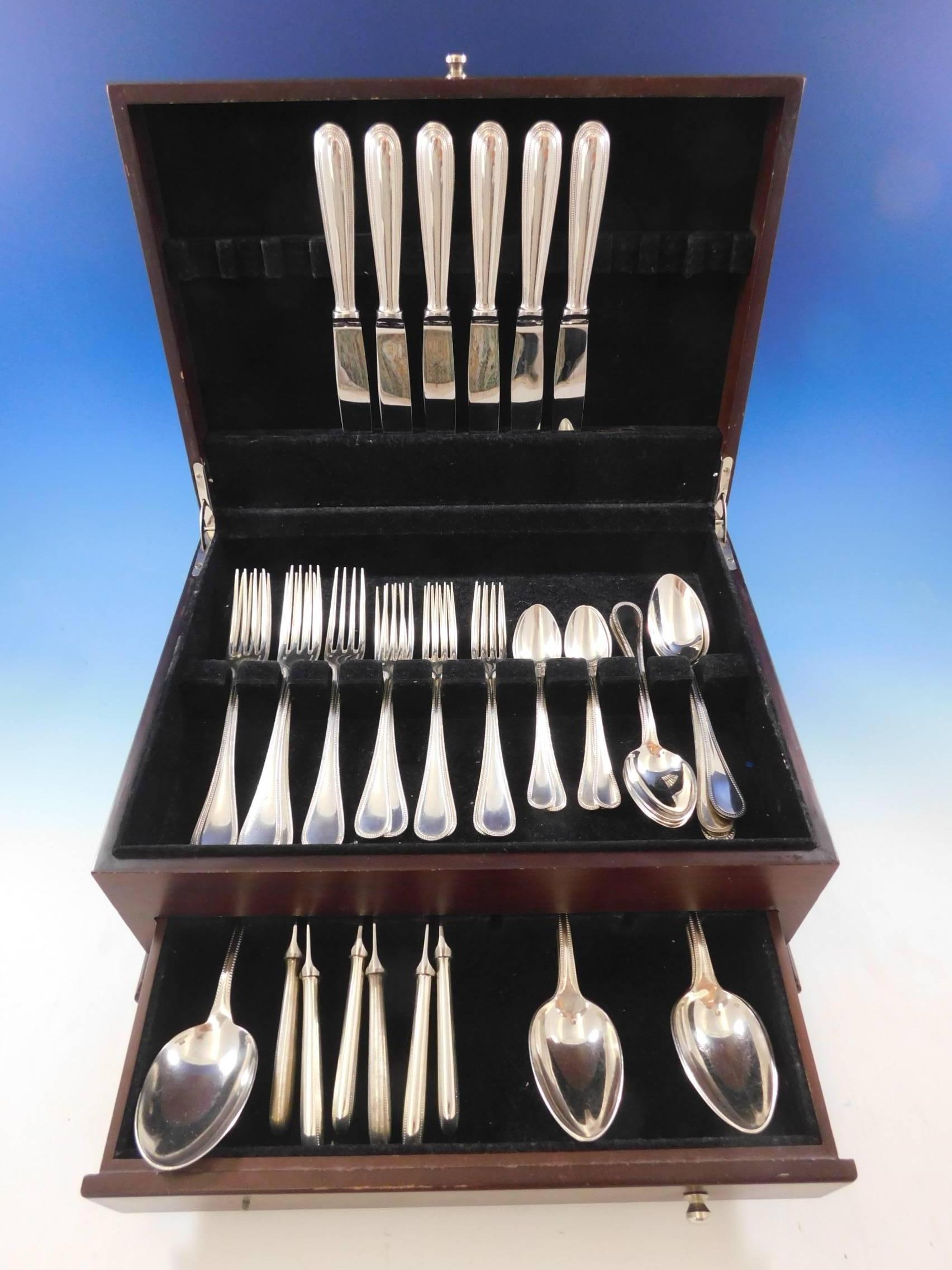 Dinner size Perles by Christofle France silver plate flatware set, 43 pieces. Great starter set! This set includes: Six dinner size knives, 9 3/4