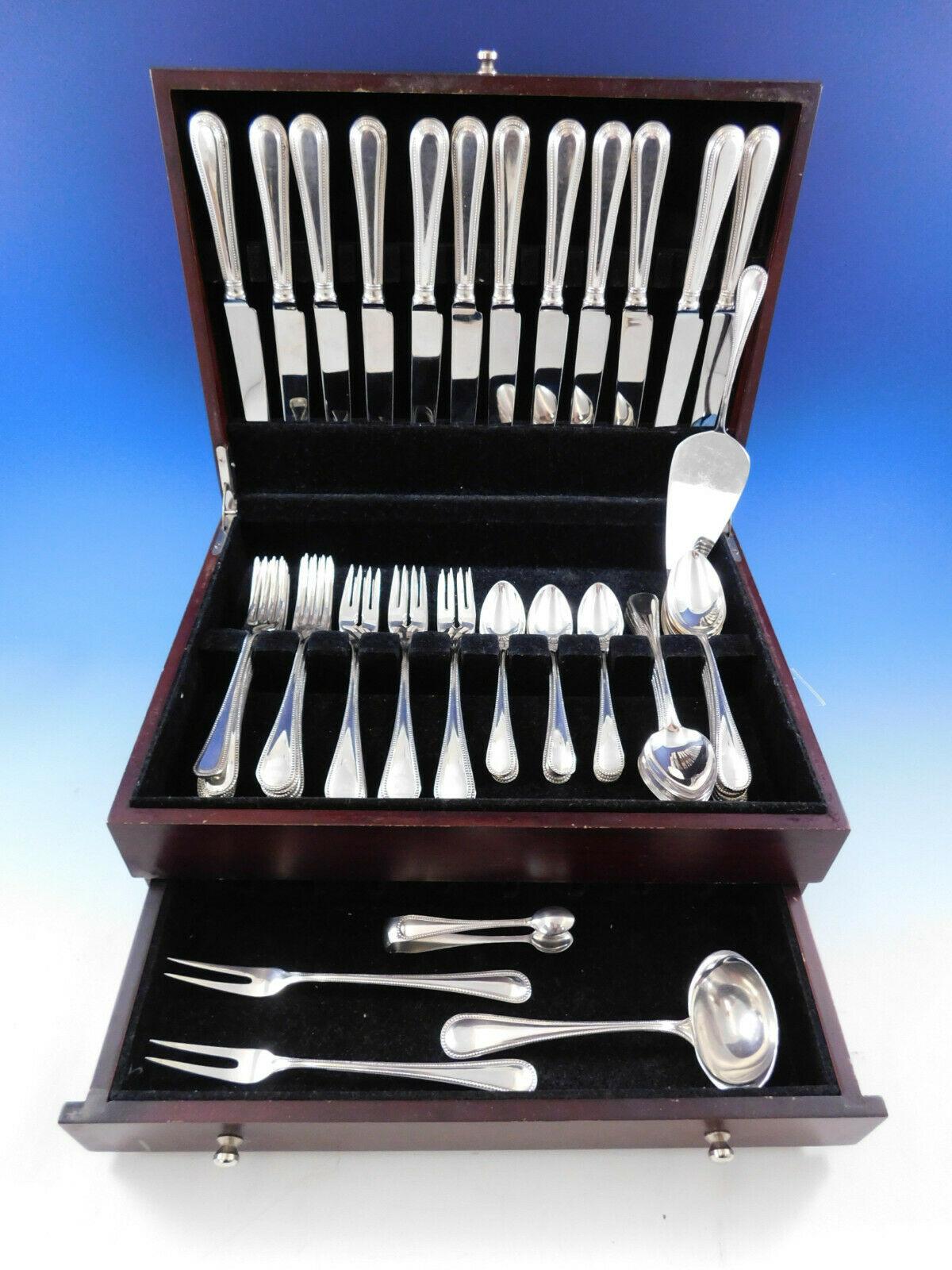 Perles German 800 silver set with timeless beaded design - 71 pieces total (13 pieces are complimenting Bead-Round by Carrs pattern, as noted below). This set includes:

12 dinner knives, 9 3/4