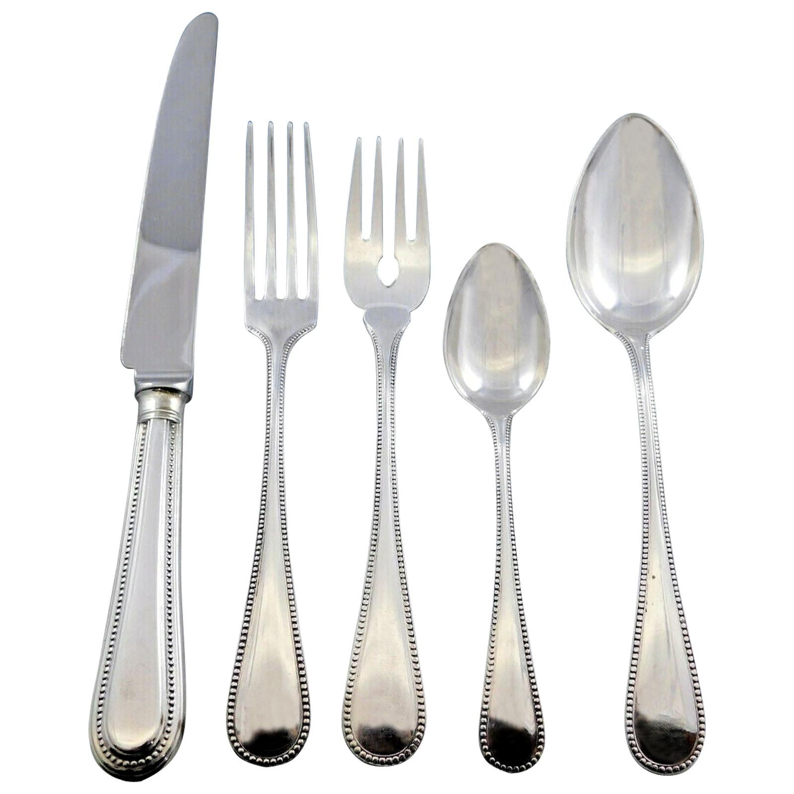 Perles German 800 Silver Flatware Set Service 65 Pieces with Carrs Knives Beaded For Sale