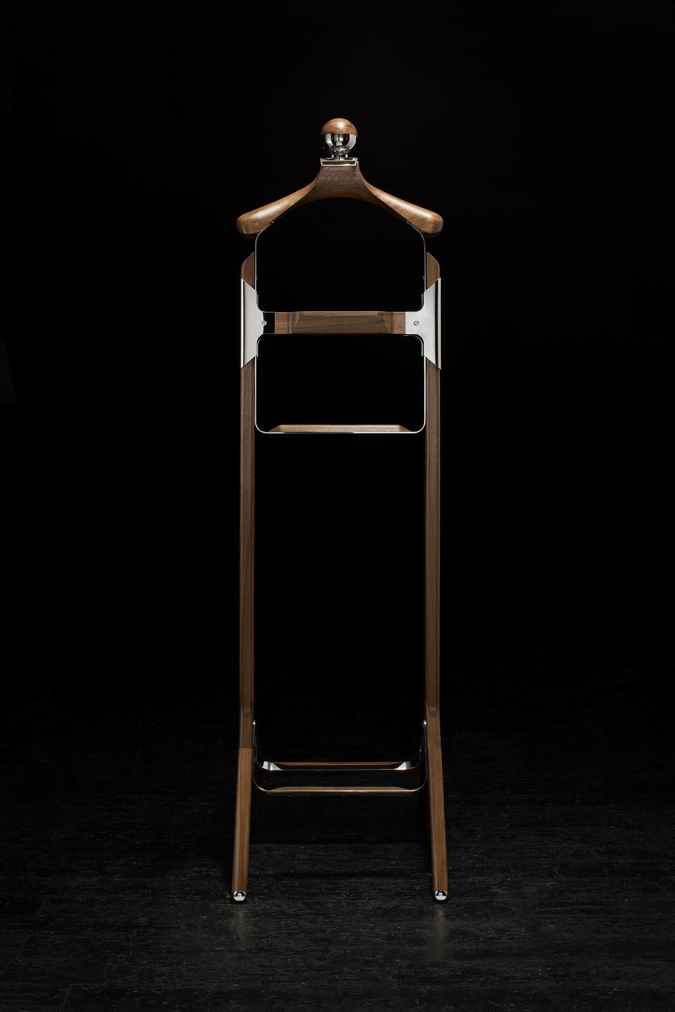Polished Permanent Style Valet Stand by Honorific in Stainless Steel and Black Walnut For Sale