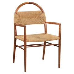 Antique "Pernelle" Rush Weave and Walnut Dining Arm Chair by Christiane Lemieux