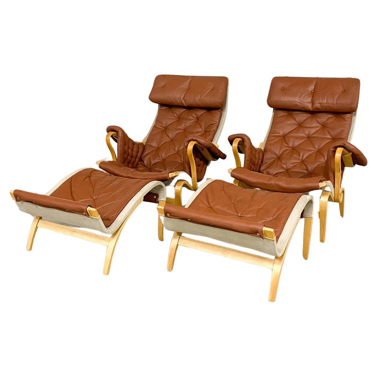 Pernilla 69 Lounge Chair with Ottoman by Bruno Mathsson for Dux, 1990s, Set of 4 For Sale