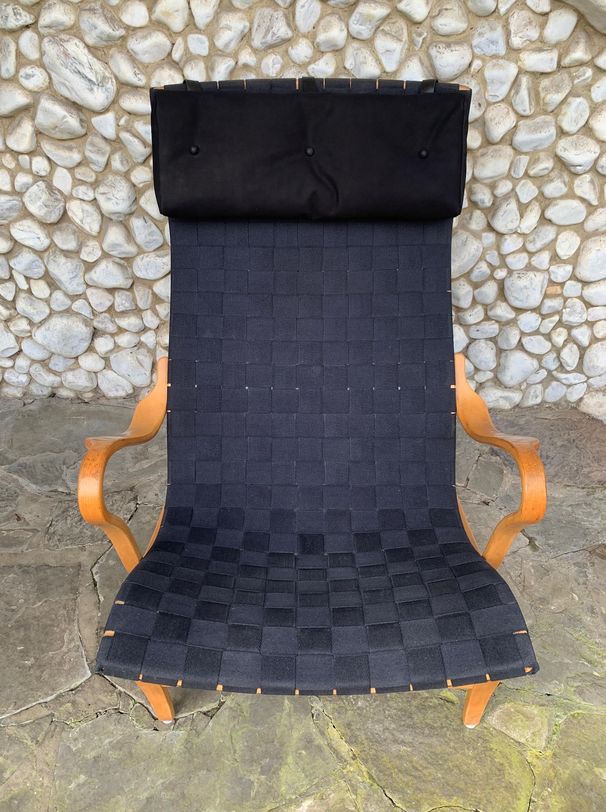 Pernilla Lounge Arm Chair in beech & black canvas by Bruno Mathsson, Sweden 1970 For Sale 9