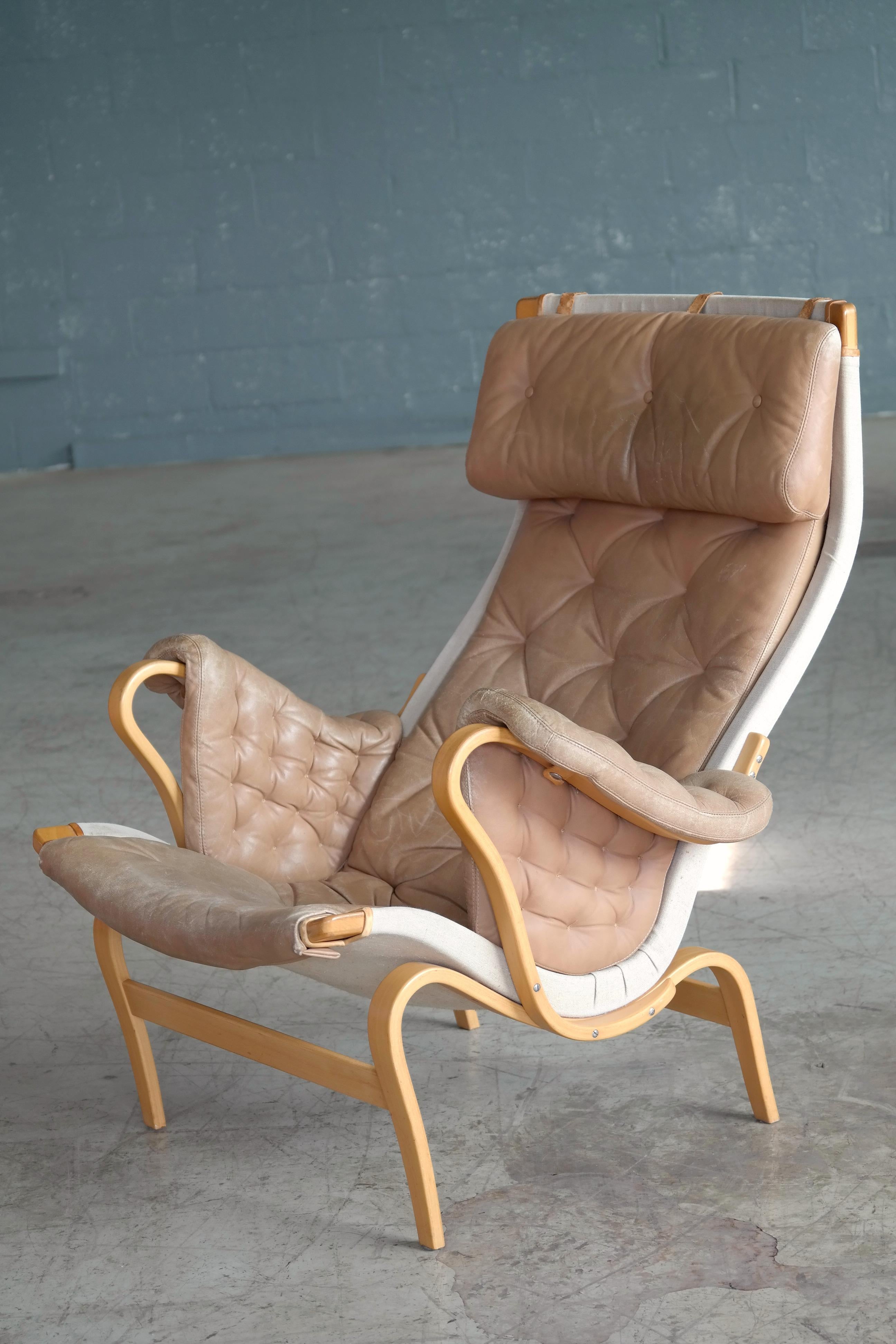 Swedish Pernilla Lounge Chair in Camel Colored Tufted Leather by Bruno Mathsson for DUX