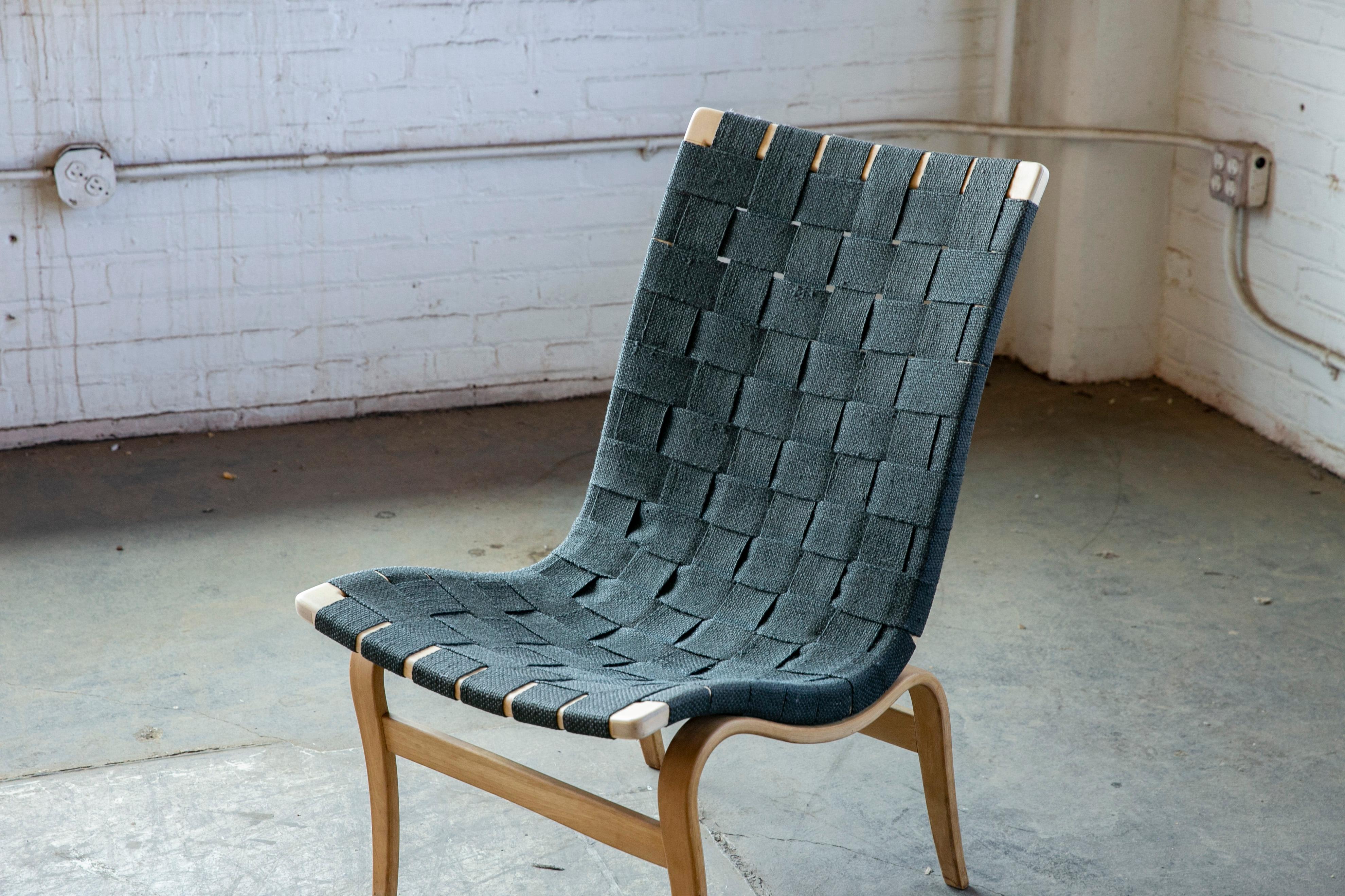 Scandinavian Modern Pernilla Lounge Chair in Charcoal Colored Webbing by Bruno Mathsson Made 1964