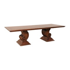 A Peroba Wood Dining or Conference Table w/ Fabulously Thick Carved Scroll Bases