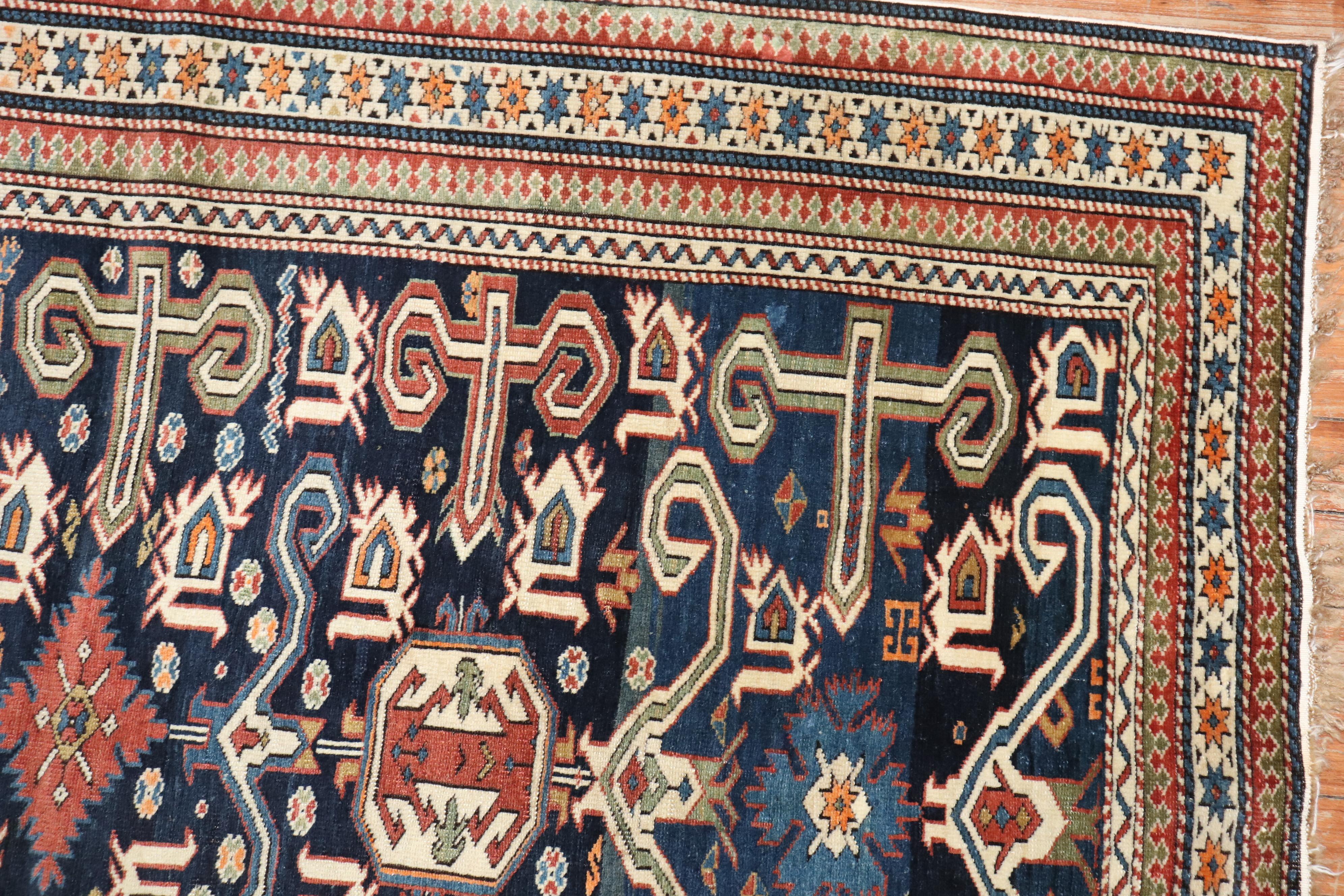 Early 20th Century Blue Perpedil Antique Caucasian Rug For Sale 3
