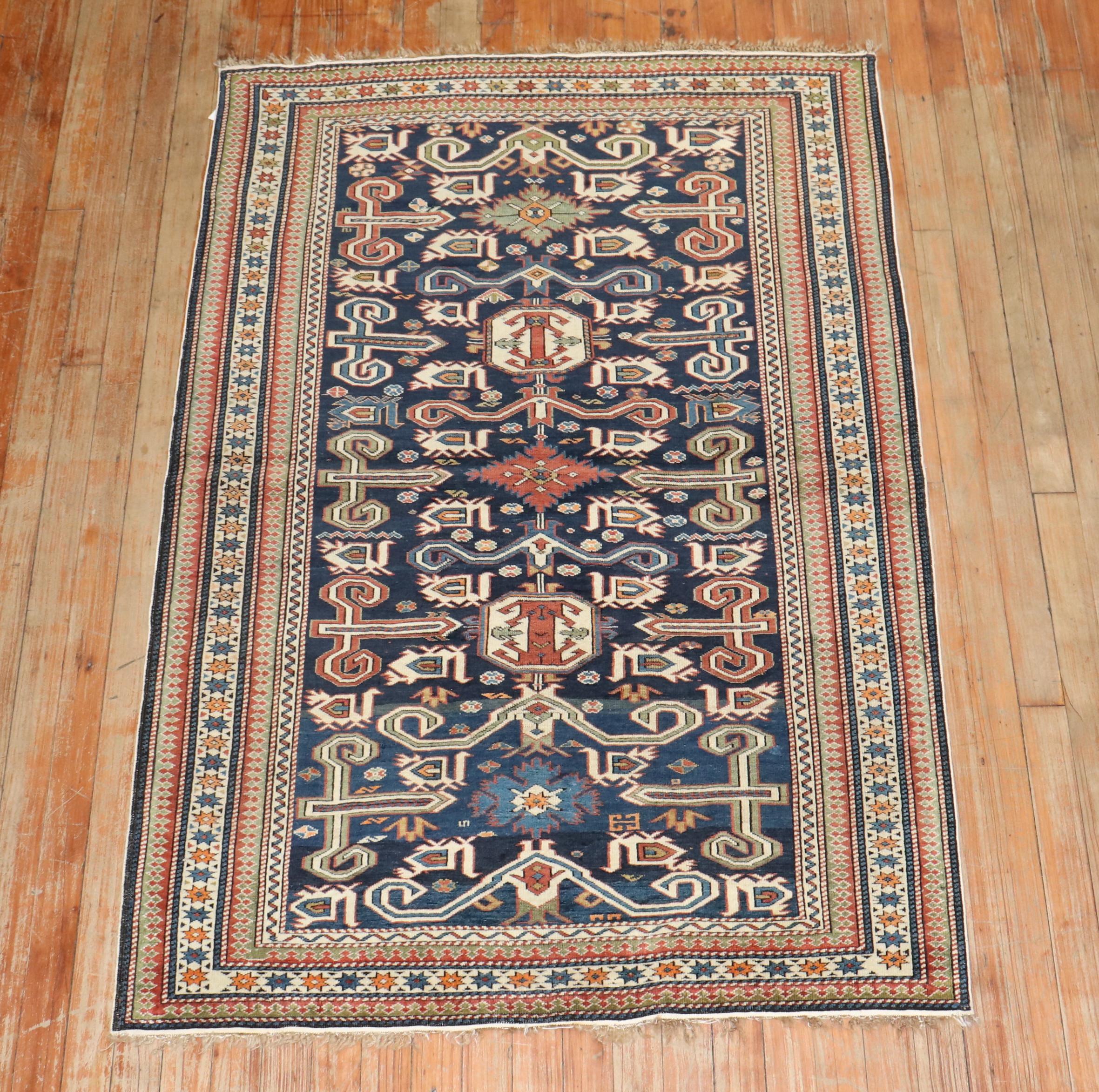 Early 20th Century Blue Perpedil Antique Caucasian Rug For Sale 4