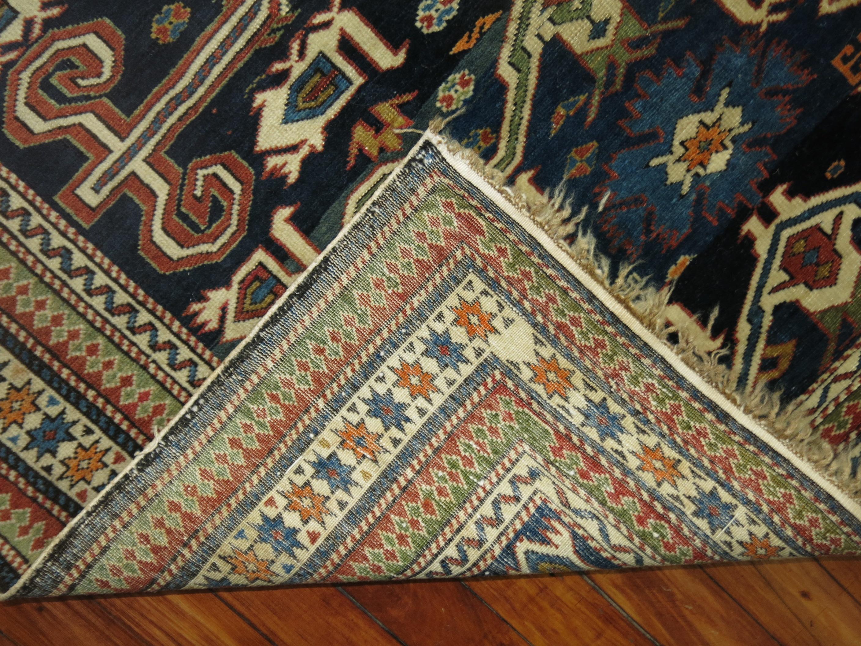 Early 20th Century Blue Perpedil Antique Caucasian Rug For Sale 1