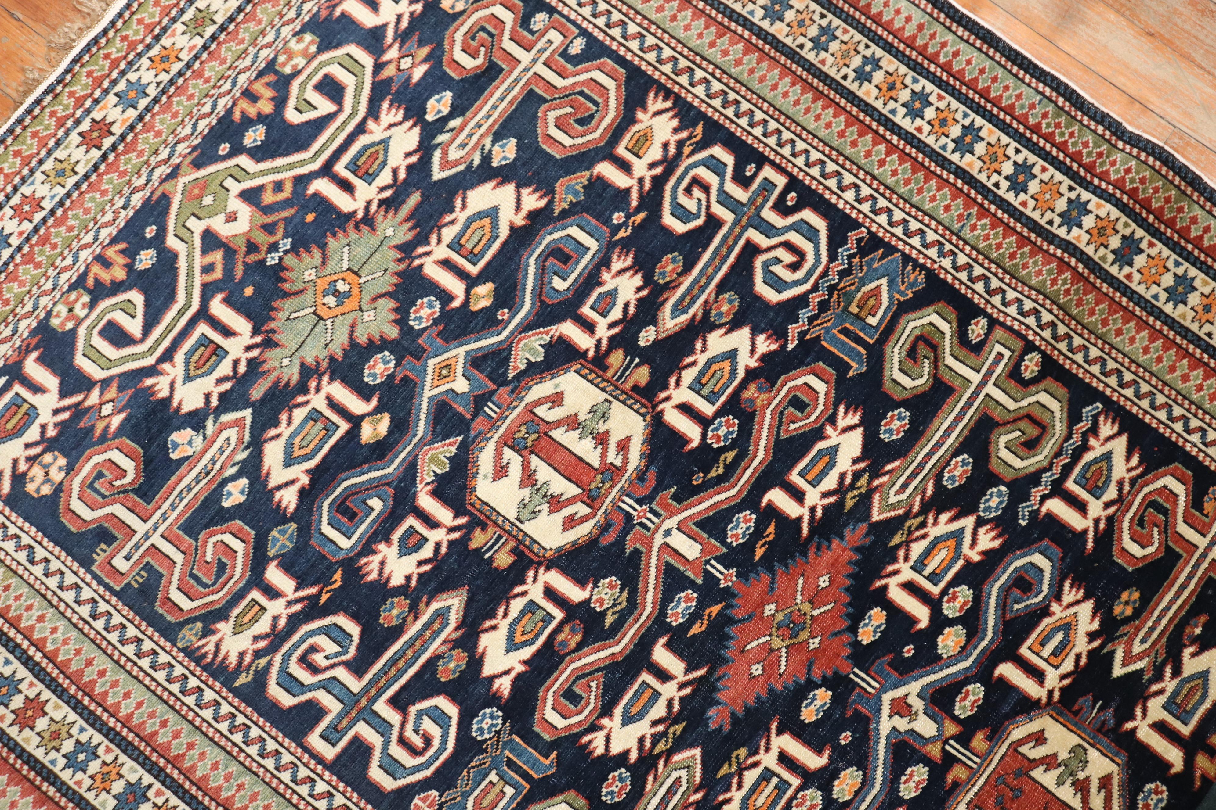 Wool Early 20th Century Blue Perpedil Antique Caucasian Rug For Sale