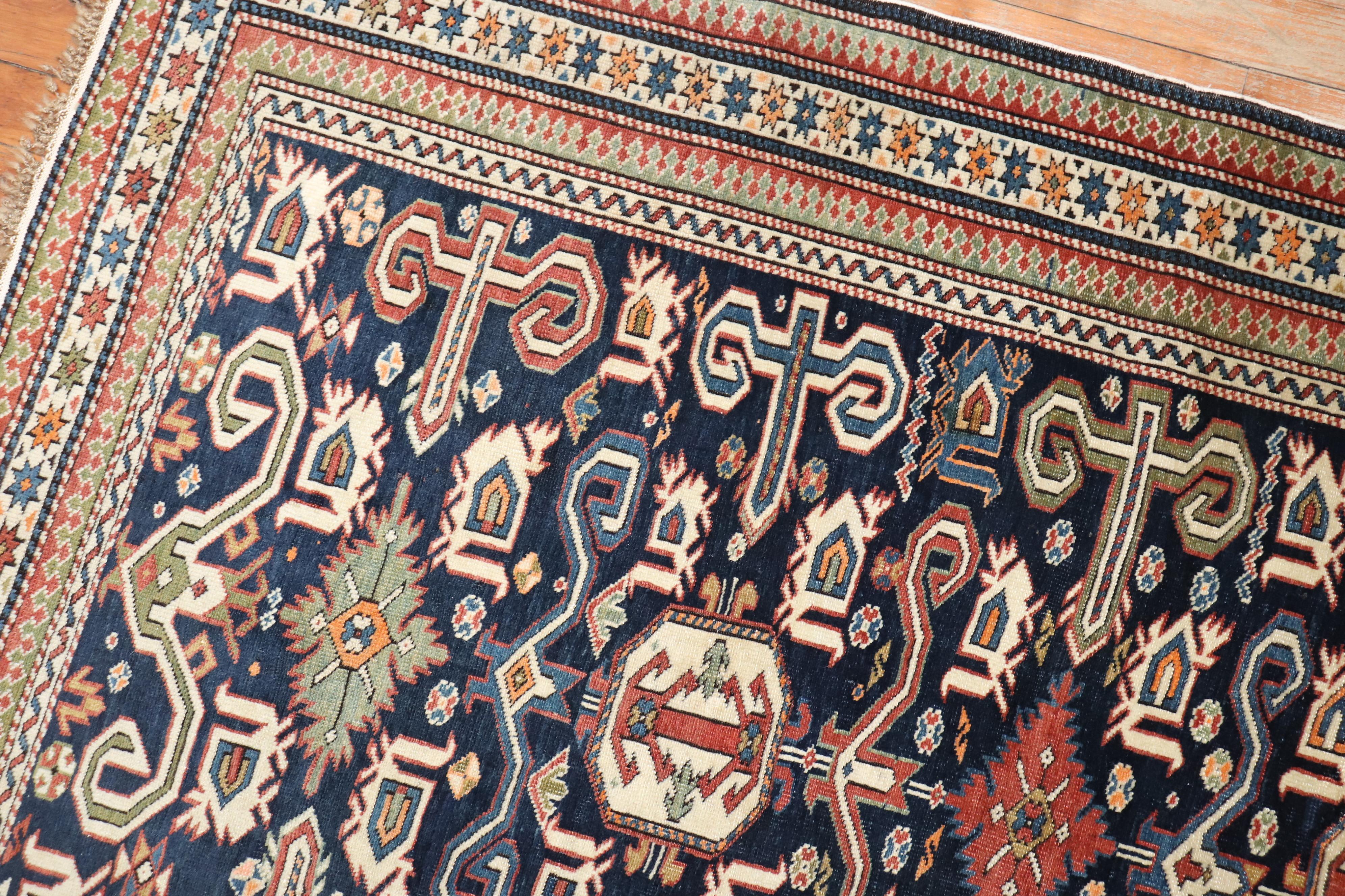 Early 20th Century Blue Perpedil Antique Caucasian Rug For Sale 2