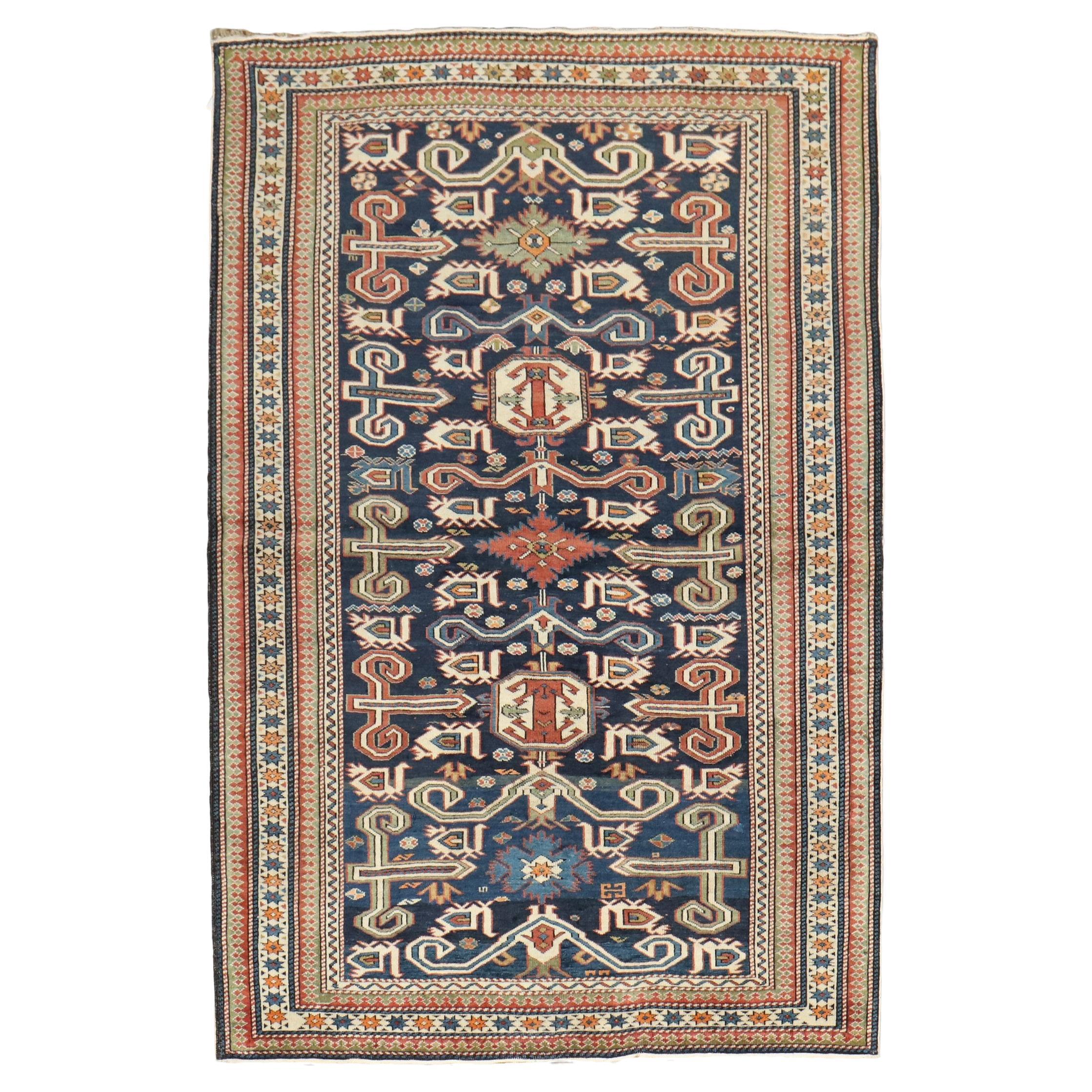 Early 20th Century Blue Perpedil Antique Caucasian Rug For Sale