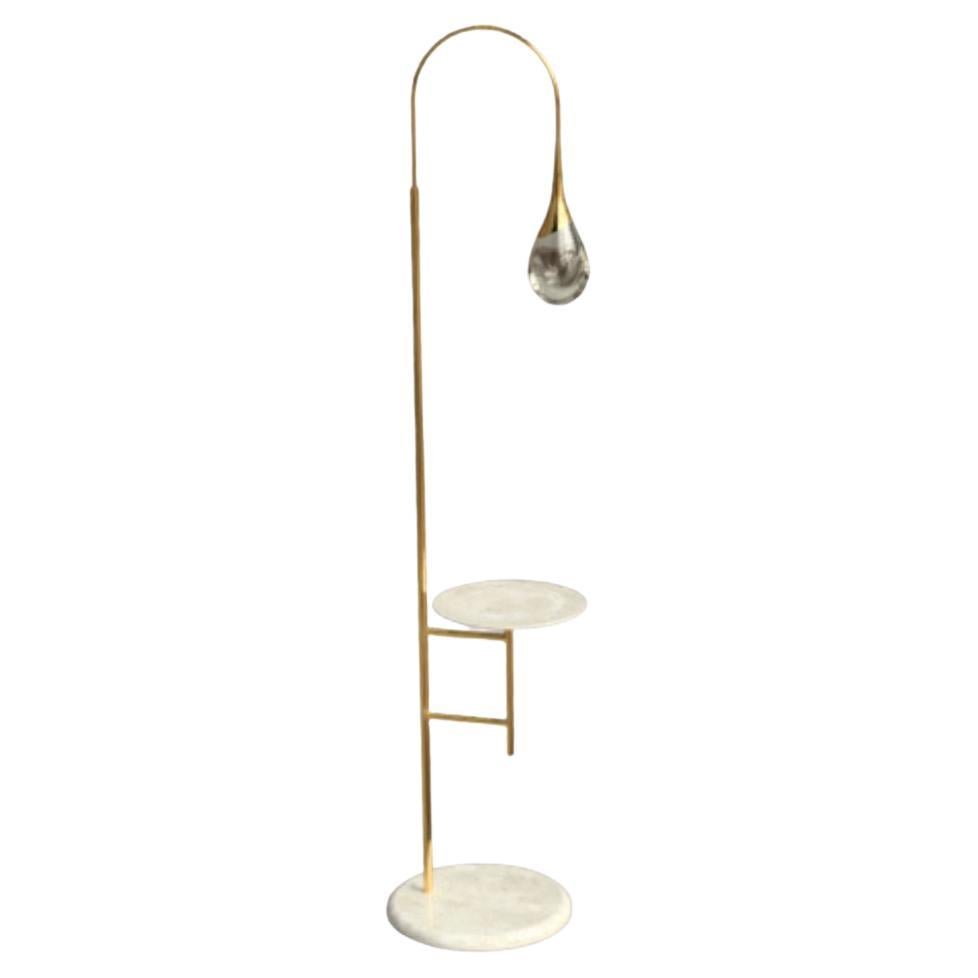 Perpetua Travertino Base and Shelf Floor Lamp, Embossed & Natural Brass Finish For Sale