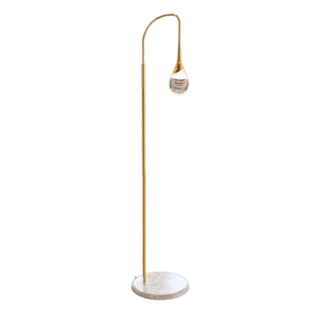 Perpetua Travertino Base Floor Lamp, Hammered & Natural Brass Finish For Sale