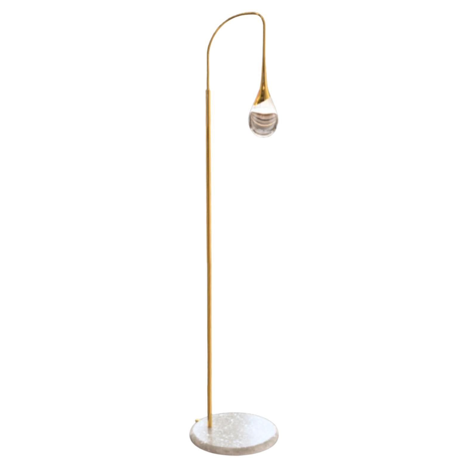 Perpetua Travertino Base Floor Lamp, Smooth & Natural Brass Finish For Sale