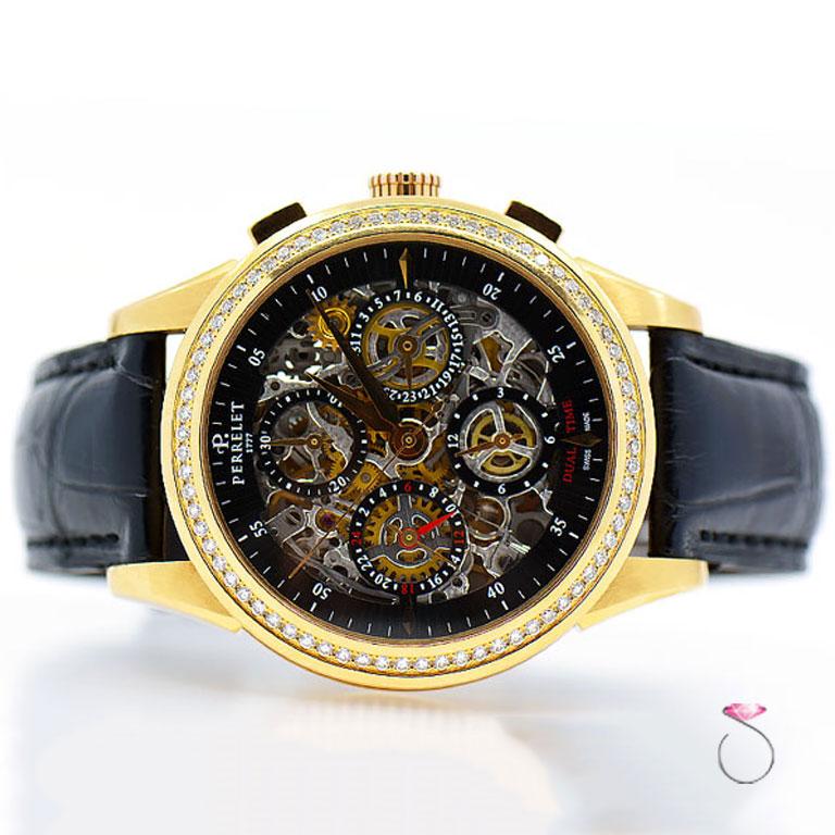 Wunderschöne PERRELET Automatik-Chronographenuhr mit doppelter Zeitanzeige aus 18 Karat Roségold mit Diamantlünette und skelettiertem Zifferblatt. Ref #: A3007/7 
Gehäuse: 42mm 18K Roségold, 
Rundes Gehäuse mit Krone, Drückern, Saphirglas und