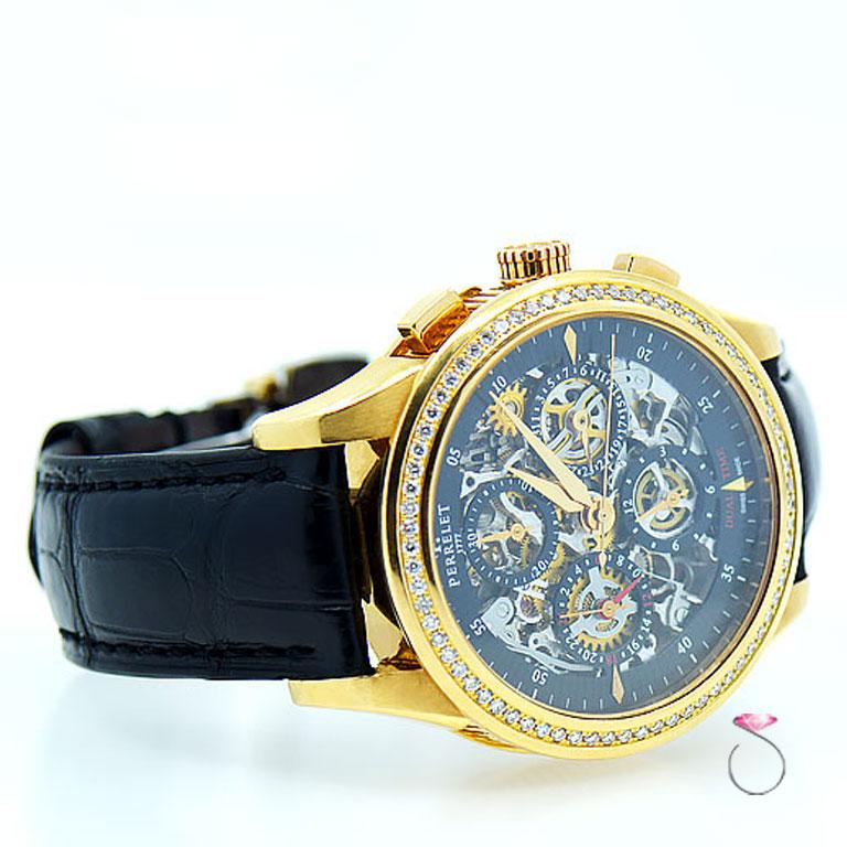 Perrelet Roségold Diamant Dual Time Chronograph Automatik-Armbanduhr (Rundschliff)