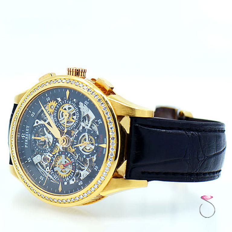 Perrelet Roségold Diamant Dual Time Chronograph Automatik-Armbanduhr im Zustand „Hervorragend“ in Honolulu, HI
